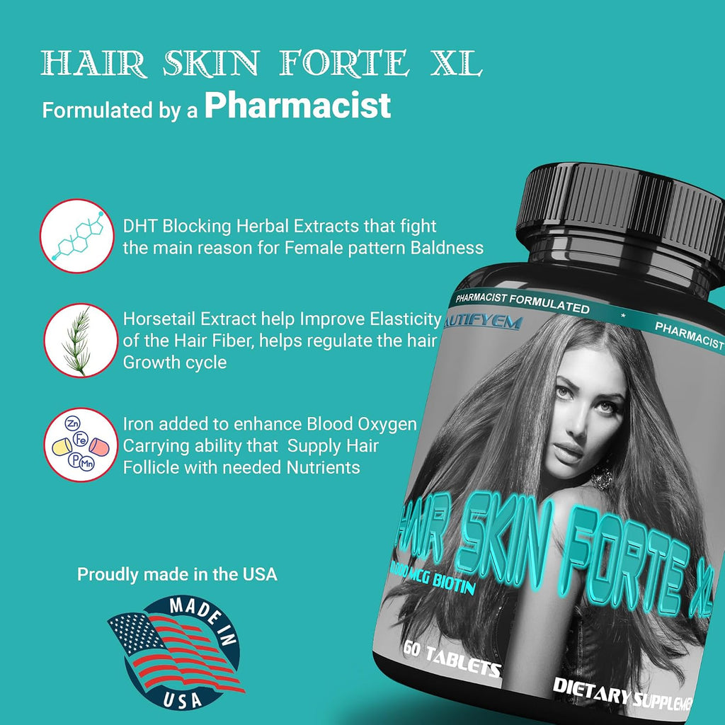 Hair Skin Forte XL - Complejo de Crecimiento para Cabello y Piel con 10.000 mcg de Biotina + Péptidos de Colágeno, 60 Comprimidos