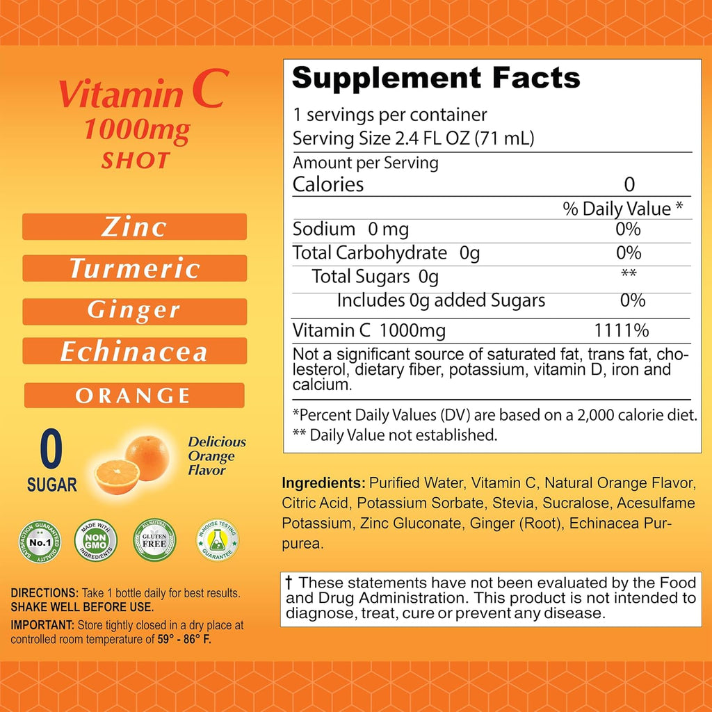 ALFA VITAMINS Vitamin C Shot 1000mg con Zinc, Jengibre y Equinácea - 80 dosis