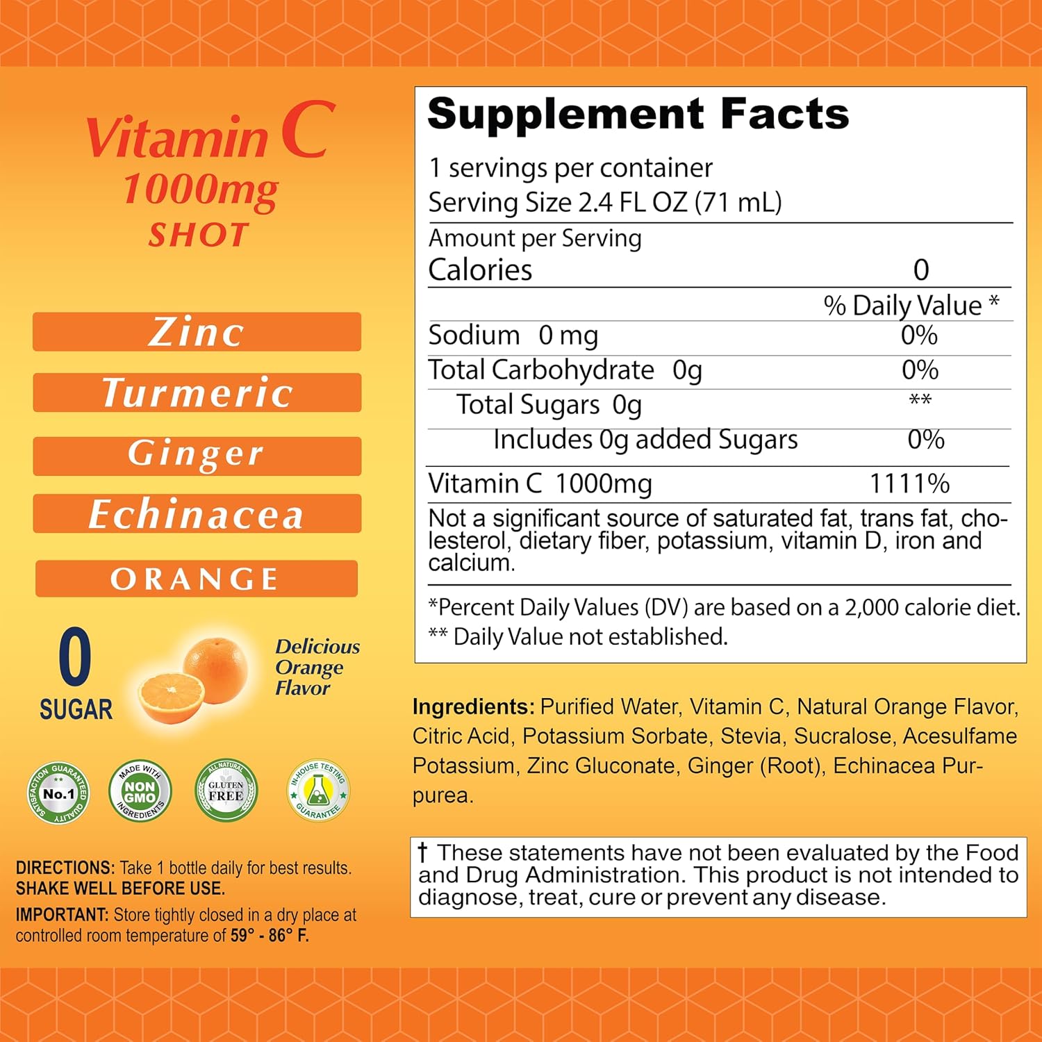 ALFA VITAMINS Vitamin C Shot 1000mg con Zinc, Jengibre y Equinácea - 80 dosis