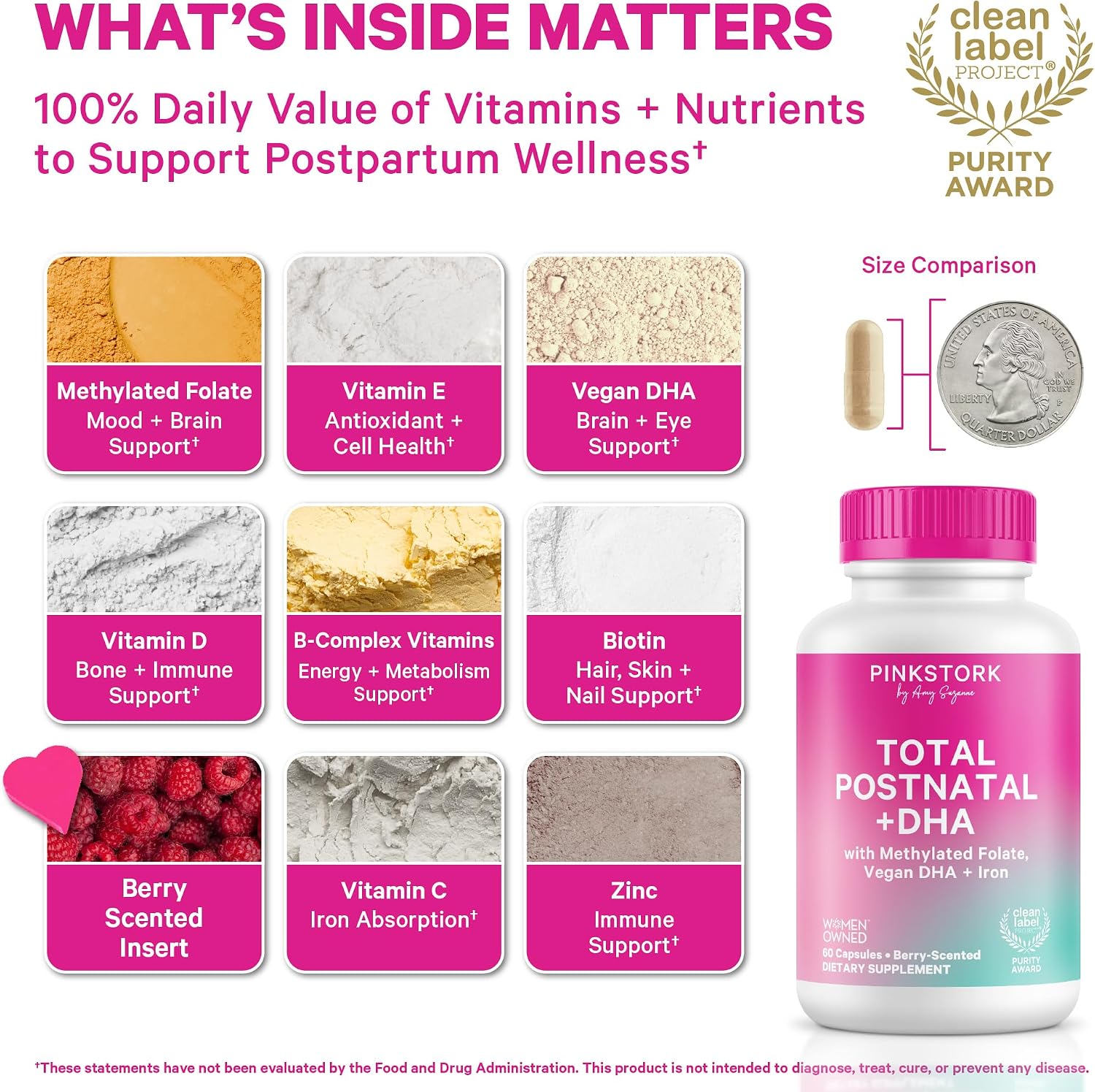 Pink Stork Total Postnatal - Vitaminas posnatales con DHA de algas, folato metilado y hierro - 60 cápsulas