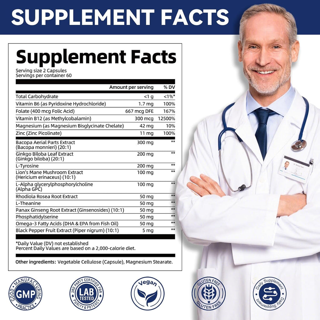 Suplemento Cerebral con Bacopa Monnieri, Lion's Mane y Alpha GPC - Apoya Memoria y Concentración - 120 Cápsulas