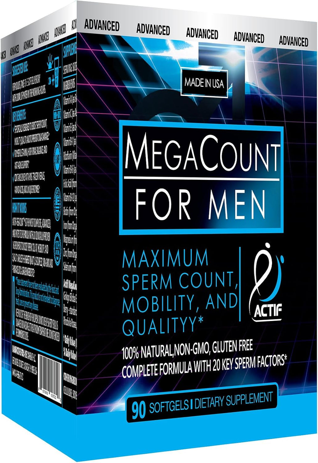 ACTIF MegaCount para Hombres - Apoyo a la Fertilidad y Calidad del Esperma - 90 Cápsulas Veganas