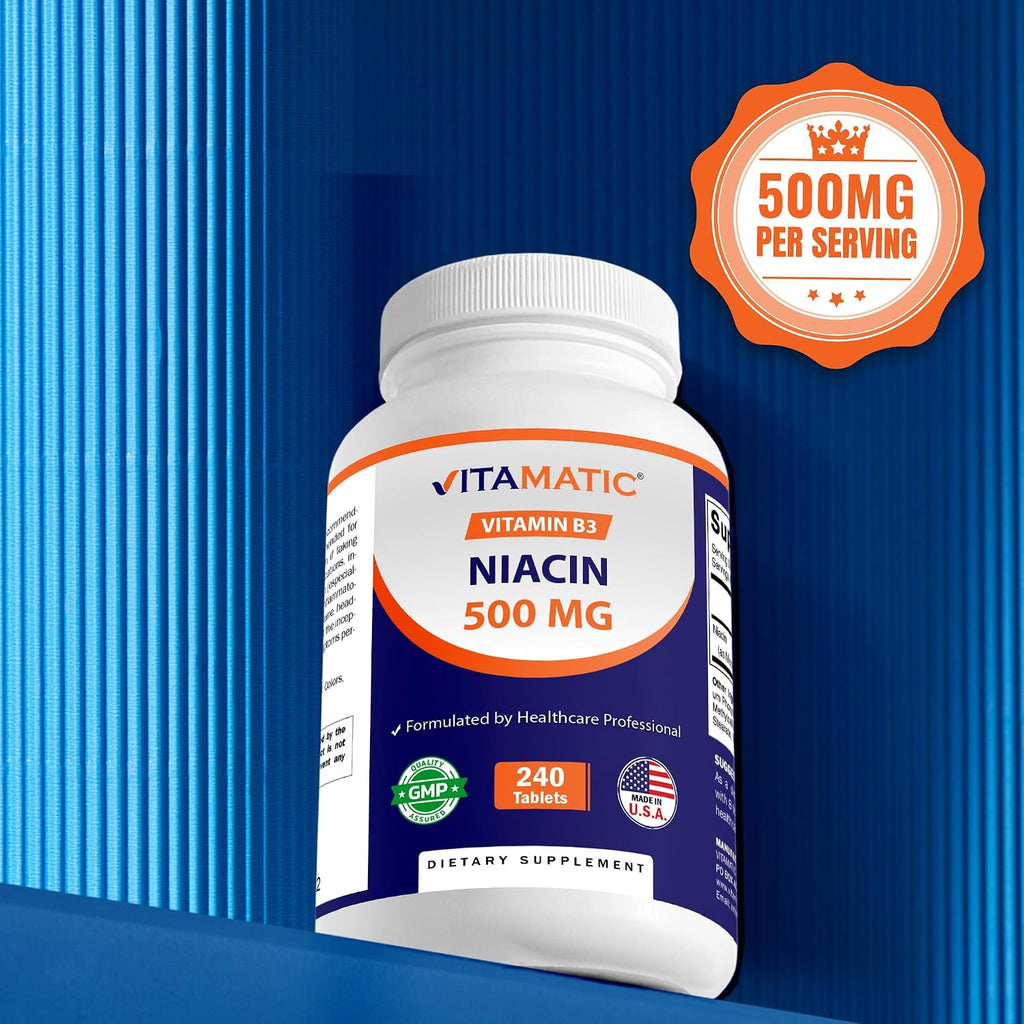 Vitamatic Niacina (Vitamina B3) 500mg, 240 Comprimidos - No OGM y Sin Gluten
