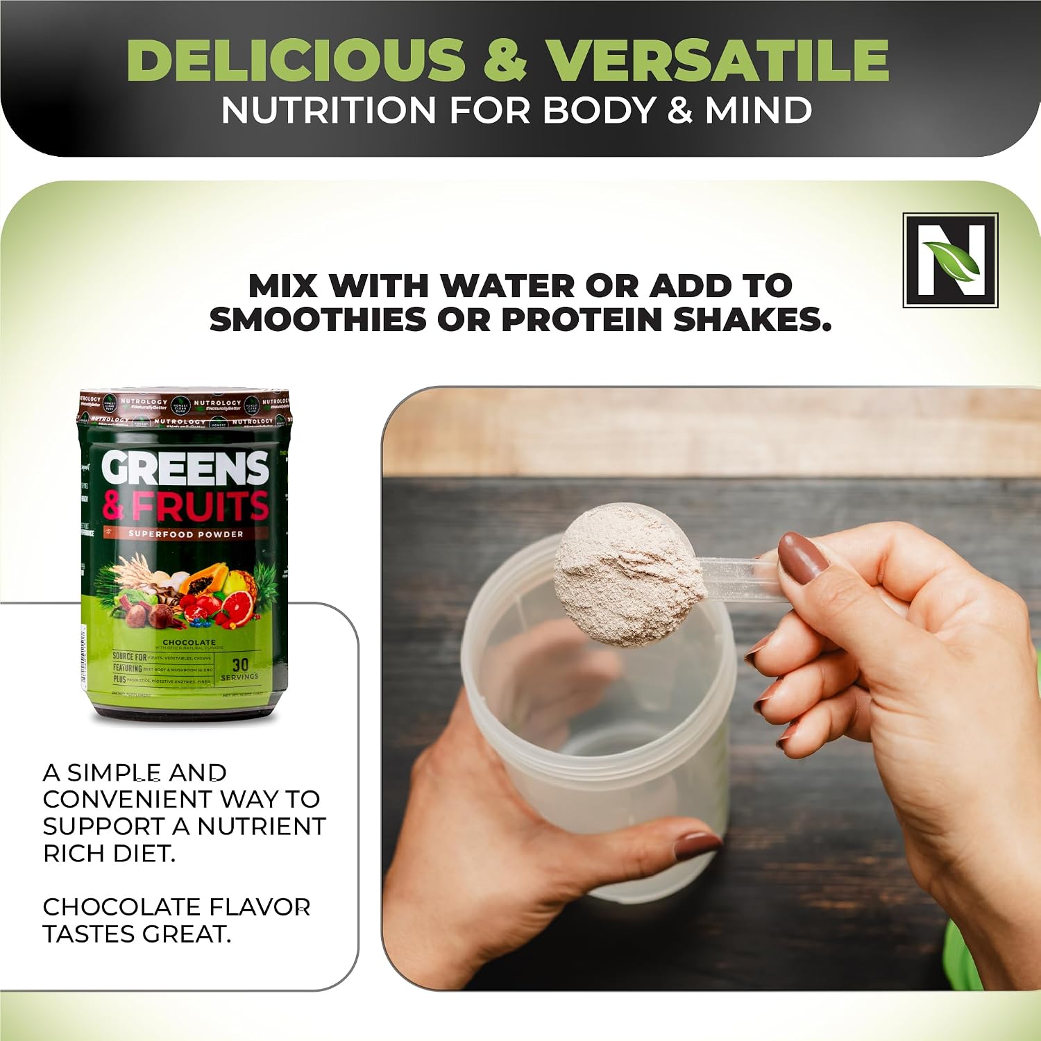 Nutrology Greens & Fruits Powder - Mezcla de frutas y verduras, remolacha, setas, probióticos, enzimas digestivas, fibra, antioxidantes - Sabor Chocolate - 30 raciones