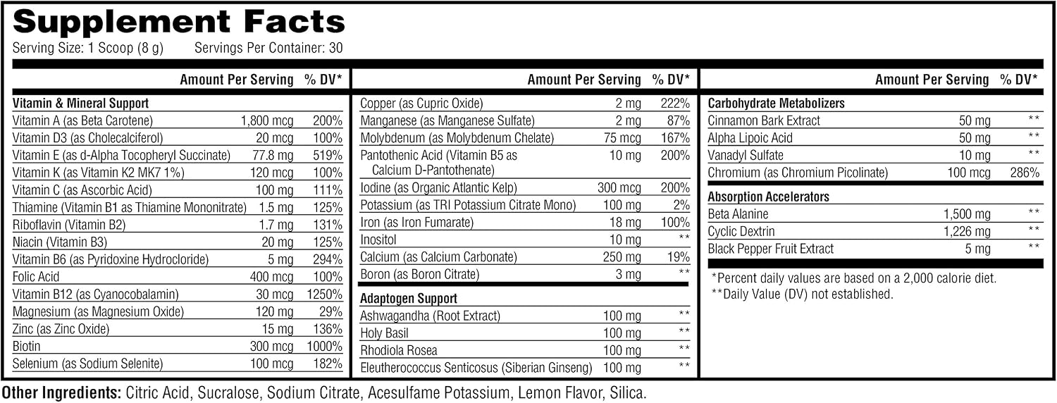 Metabolic Nutrition Vitagen, Complejo Vitamínico y Adaptógeno, 240 g, Sabor Limonada