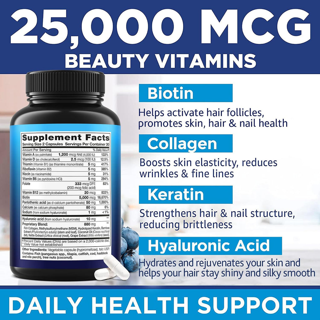 MOREX VITAMINS Biotina, Colágeno, Queratina y Ácido Hialurónico - 25.000 mcg - 60 Cápsulas