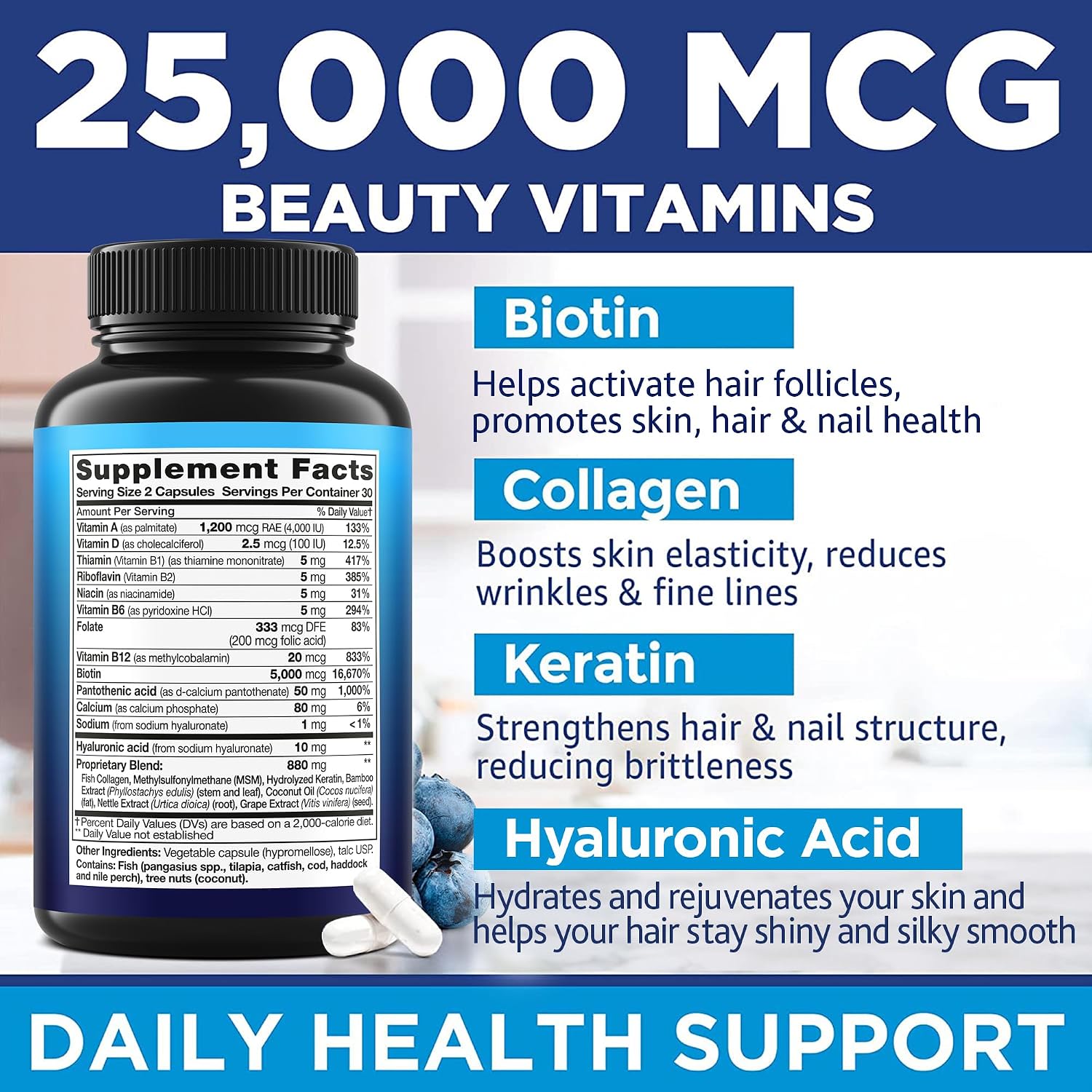 MOREX VITAMINS Biotina, Colágeno, Queratina y Ácido Hialurónico - 25.000 mcg - 60 Cápsulas