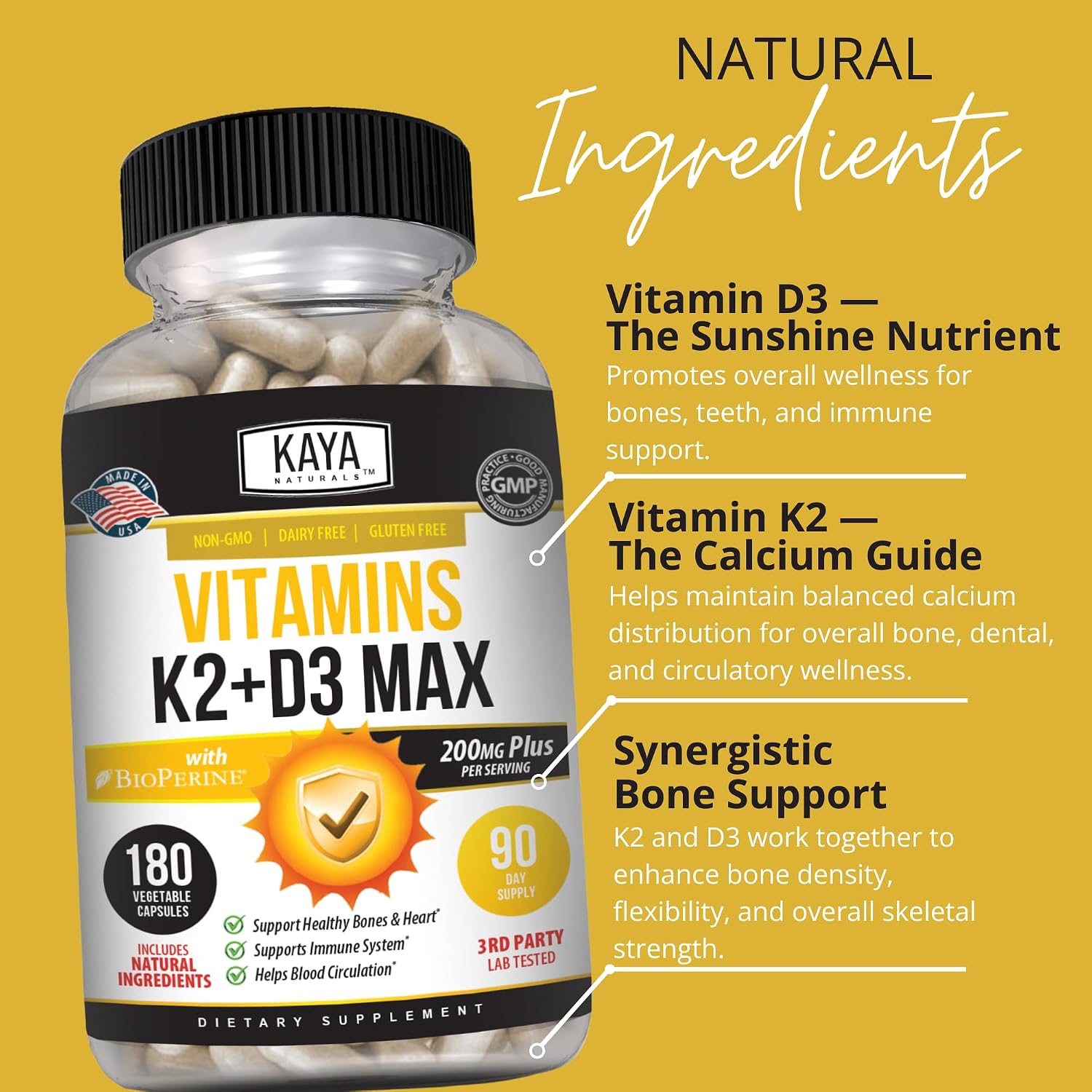 Kaya Naturals Vitaminas K2 con D3 5000IU Suplemento para Hombres y Mujeres - Cápsulas Fáciles de Tragar con Bioperina (180 Cápsulas)