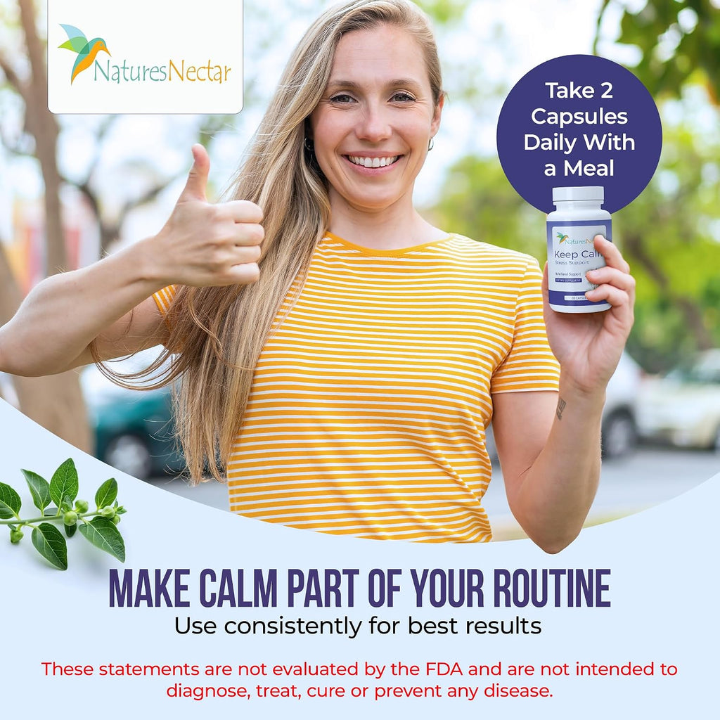 Nature's Nectar Suplemento para el Estrés y la Ansiedad – Cápsulas Keep Calm con Ashwagandha, GABA, Magnesio y 5-HTP – 60 Cápsulas