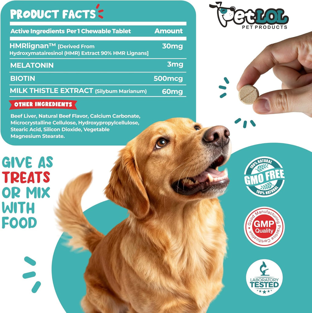 HMR Lignan + Melatonina + Biotina + Cardo Mariano para Perros | Fórmula 4 en 1 | Apoyo Adrenal y Niveles Normales de Cortisol | Salud de Piel, Pelaje y Digestiva | 90 Comprimidos Masticables | Sabor Natural a Carne