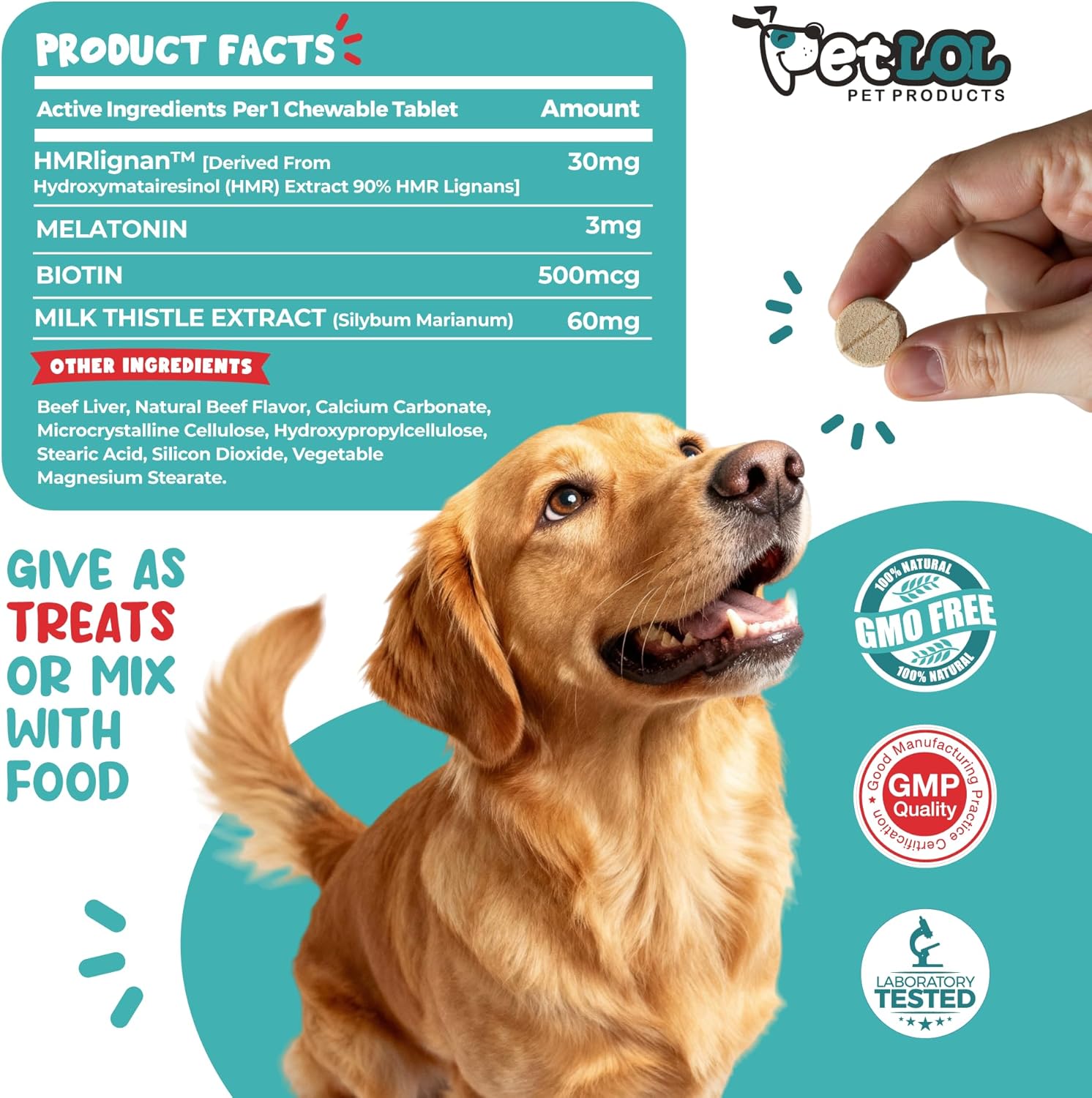 HMR Lignan + Melatonina + Biotina + Cardo Mariano para Perros | Fórmula 4 en 1 | Apoyo Adrenal y Niveles Normales de Cortisol | Salud de Piel, Pelaje y Digestiva | 90 Comprimidos Masticables | Sabor Natural a Carne