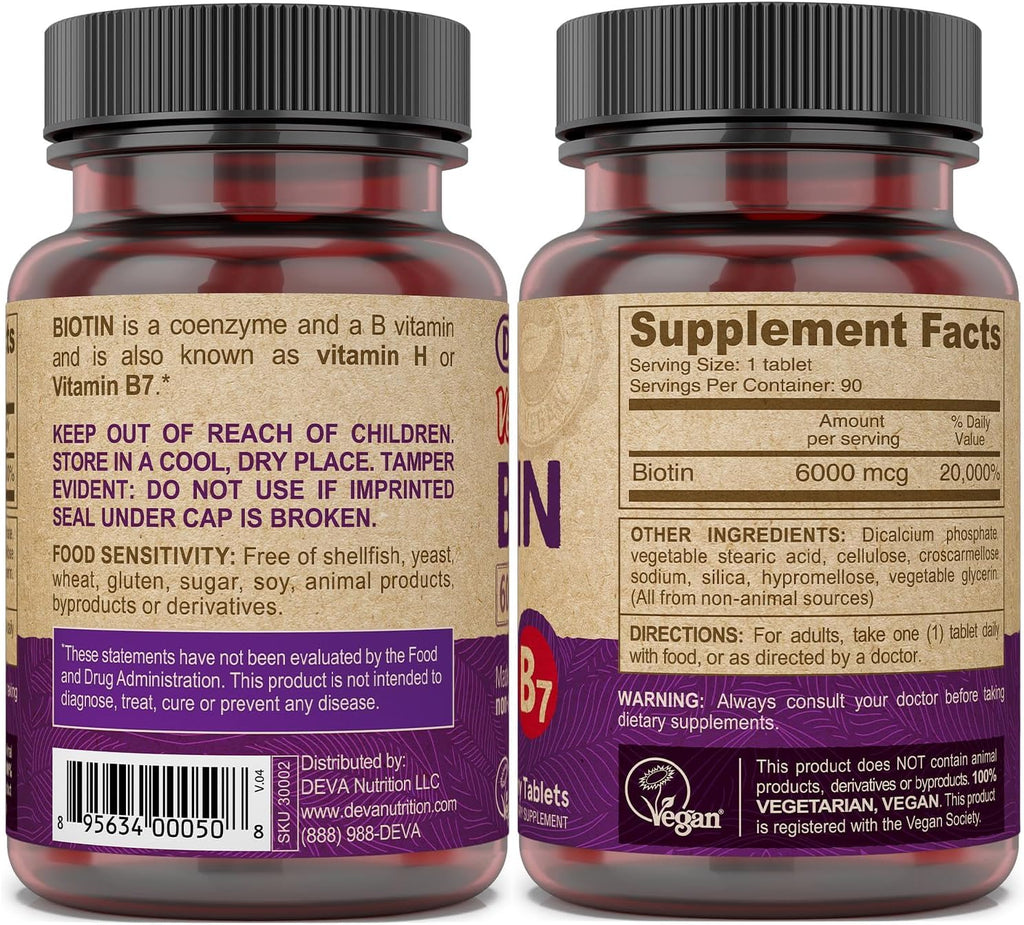 DEVA Biotina Vegana 6000 mcg - Suplemento de Vitamina B7, Comprimidos Pequeños, 90 Unidades