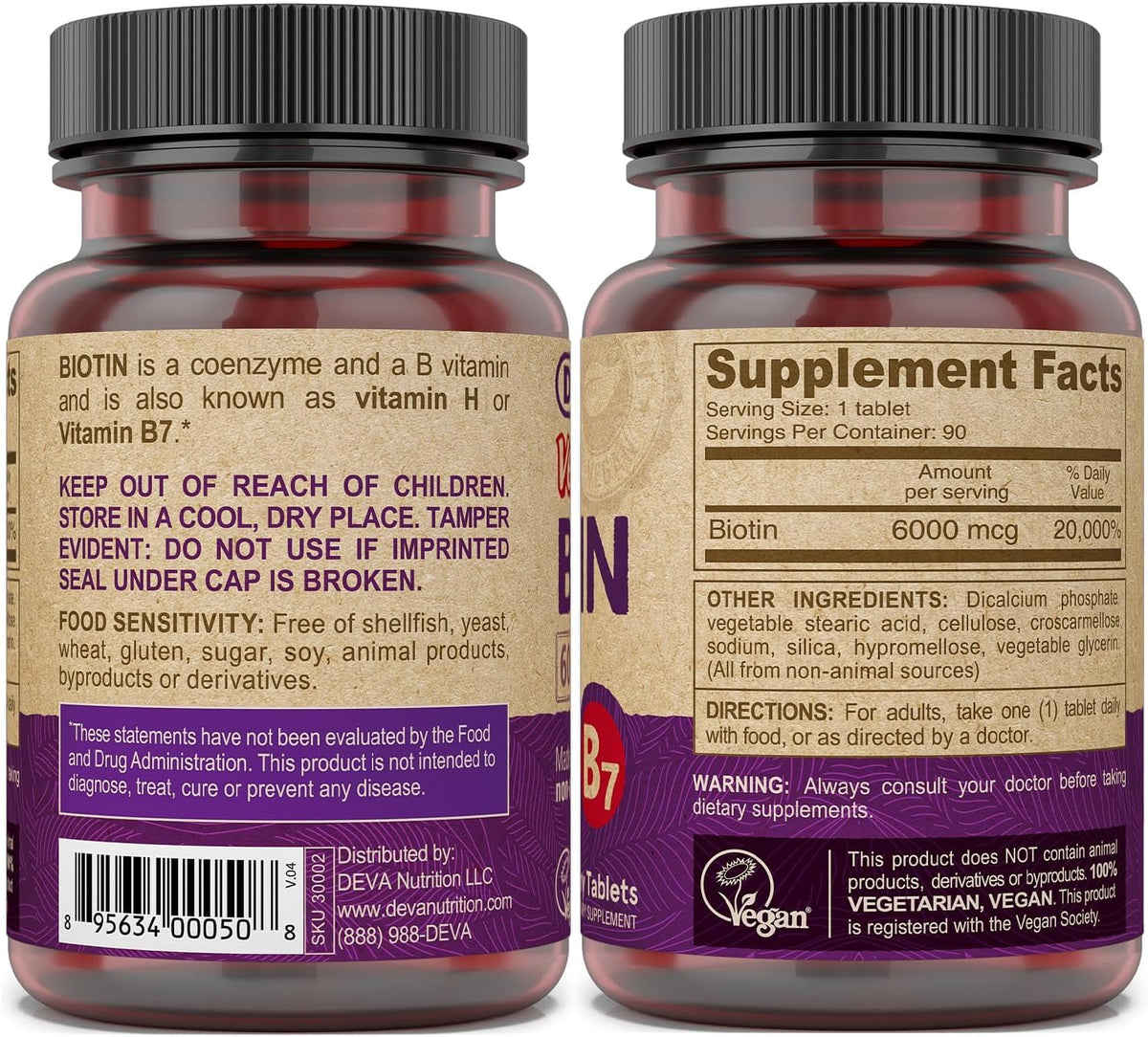 DEVA Biotina Vegana 6000 mcg - Suplemento de – La biotina contribuye al mantenimiento del cabello en condiciones – Image 3