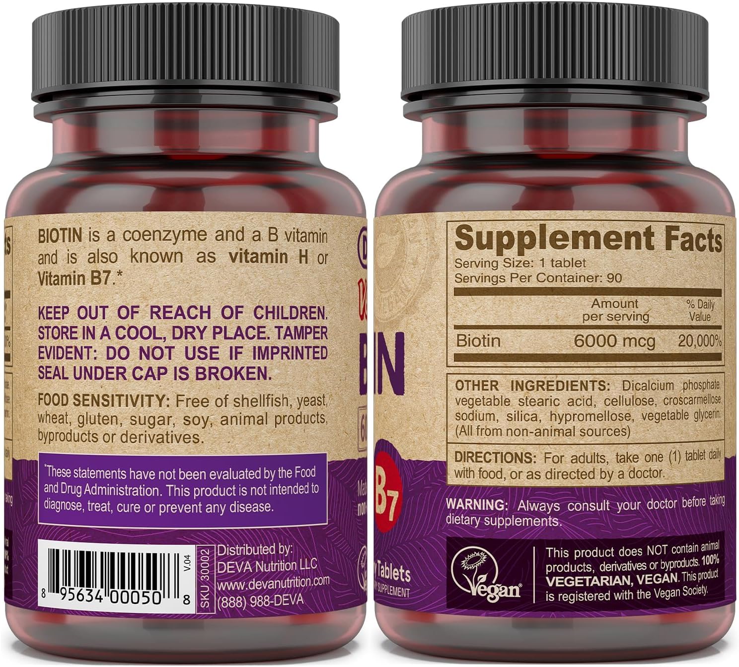 DEVA Biotina Vegana 6000 mcg - Suplemento de Vitamina B7, Comprimidos Pequeños, 90 Unidades