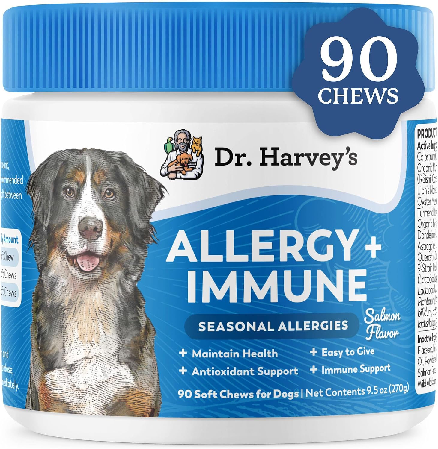Dr. Harvey's Masticables Suaves para Perros contra Alergias y Picor - Apoyo Inmune y Digestivo con Hongos Funcionales, Probióticos y Super Hierbas, Sabor a Salmón (90 unidades)
