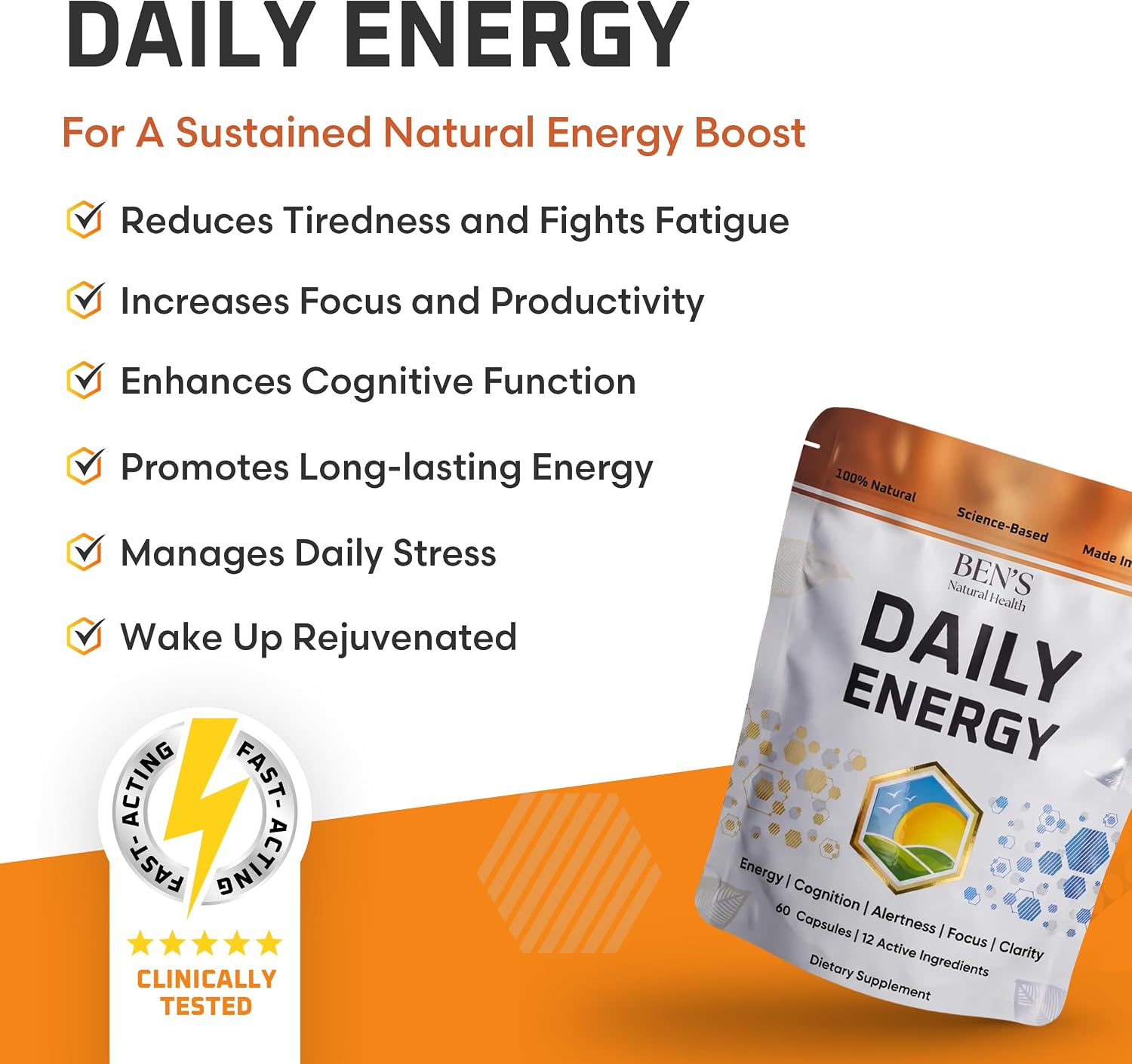 Ben's Natural Health Daily Energy con Vitaminas B y CoQ10 - 60 Cápsulas