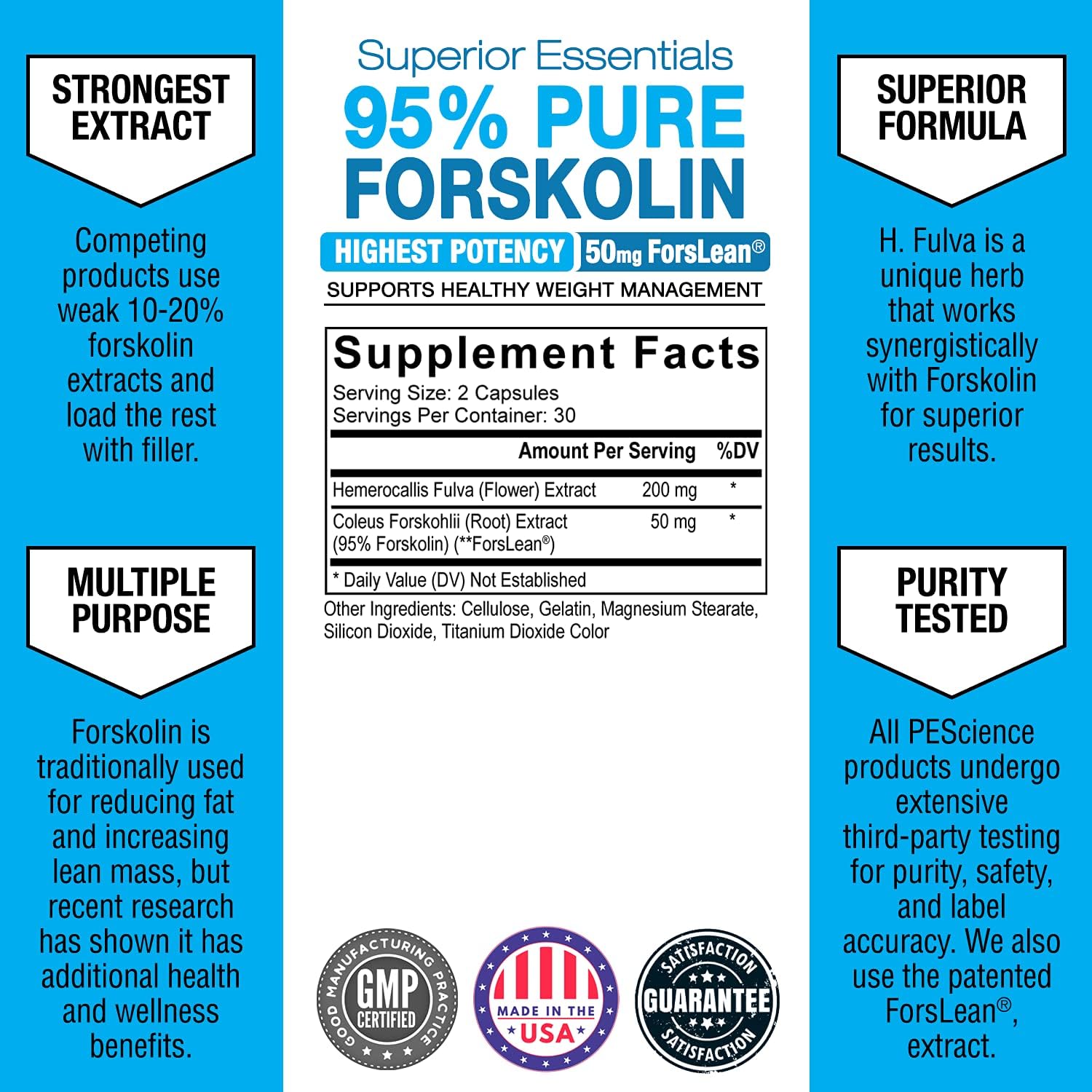 PEScience Forskolin-95+ Cápsulas, 95% Forskolina Pura de Extracto de Coleus Forskohlii con Extracto de Hemerocallis Fulva, ForsLean Patentado, 50 mg, 60 Unidades