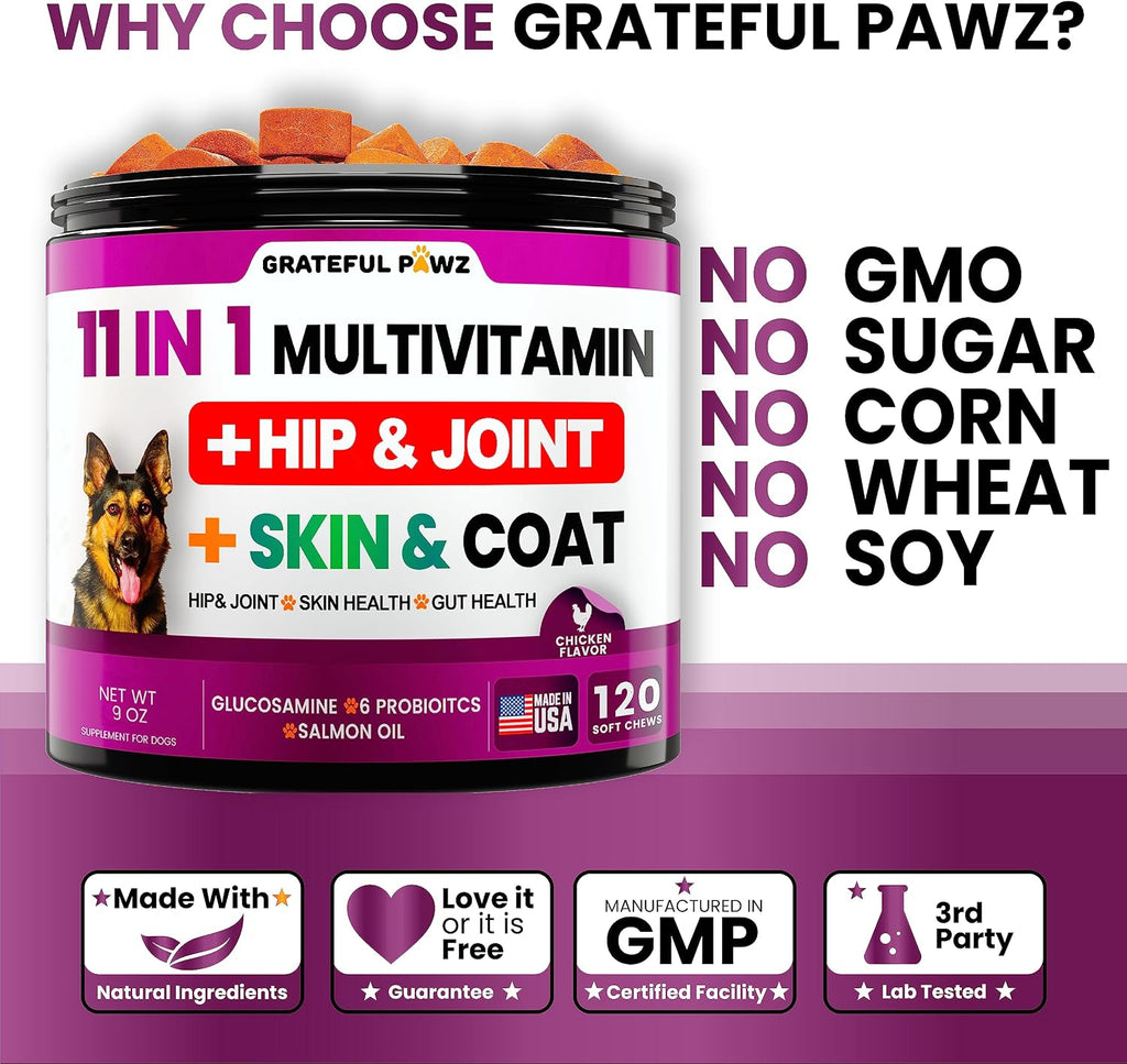 Grateful Pawz Multivitamínico Masticable 11 en 1 para Perros con Glucosamina y Probióticos