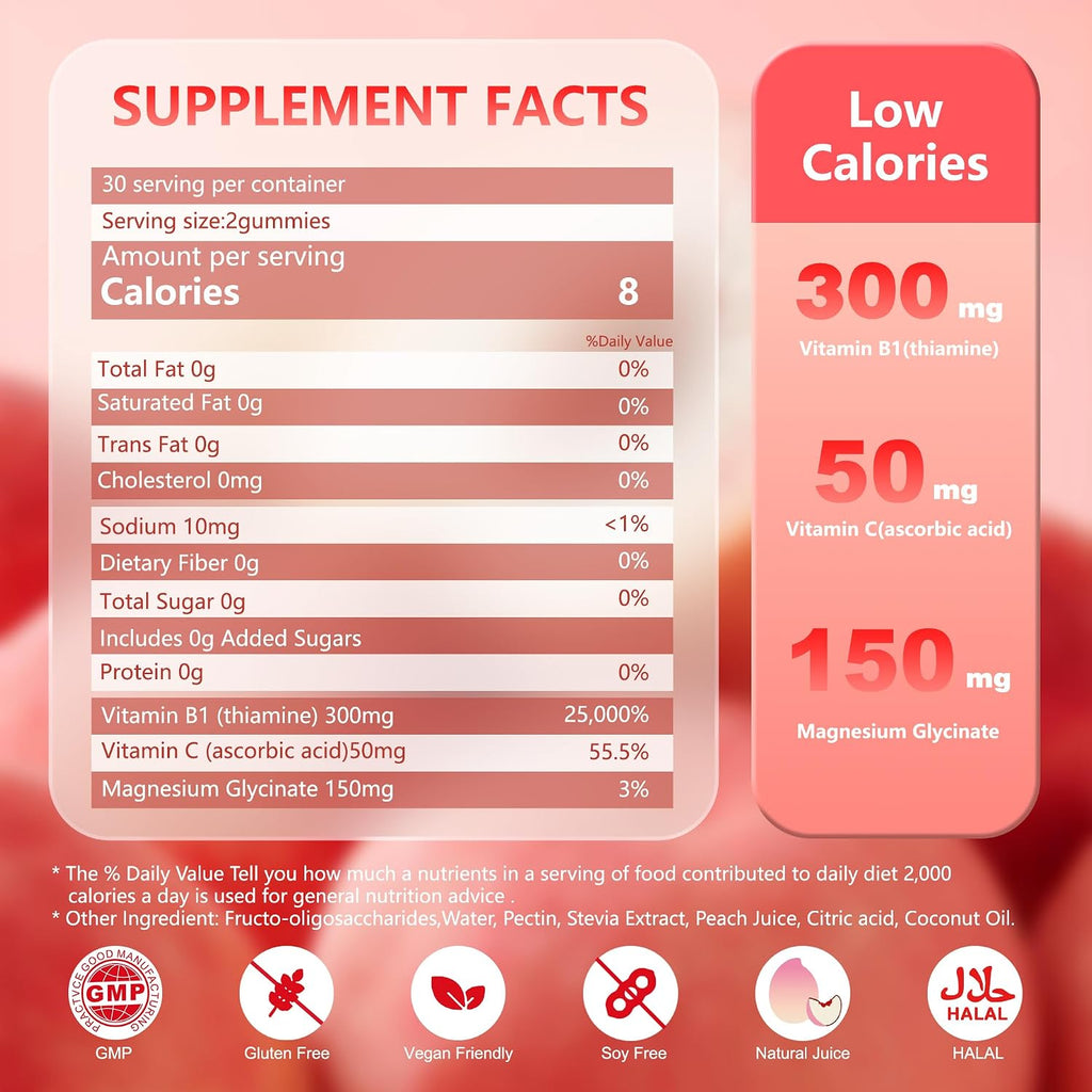 Vitamin B1 Gummies 300mg con Magnesio y Vitamina C – Gomitas de Tiamina para Adultos y Niños – Sabor Melocotón Natural – Sin Azúcar, Vegano, No GMO – 60 Unidades (1 Mes)