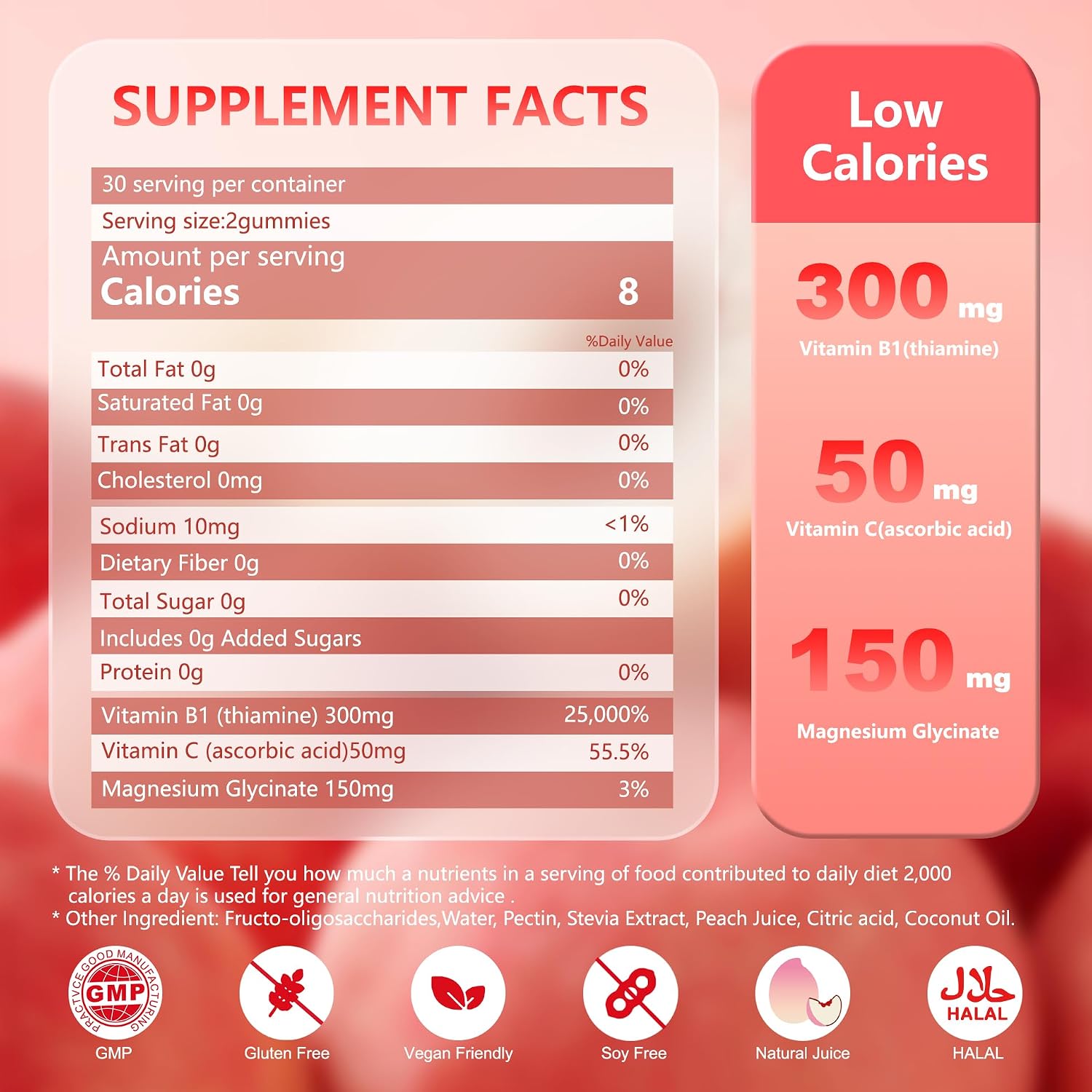 Vitamin B1 Gummies 300mg con Magnesio y Vitamina C – Gomitas de Tiamina para Adultos y Niños – Sabor Melocotón Natural – Sin Azúcar, Vegano, No GMO – 60 Unidades (1 Mes)