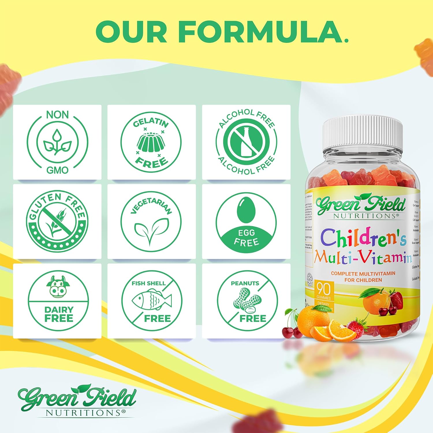 Greenfield Nutritions Multivitamínico Halal para Niños - Gominolas sin Gelatina con Vitaminas A, B, C, D, Yodo y Zinc - 90 Unidades
