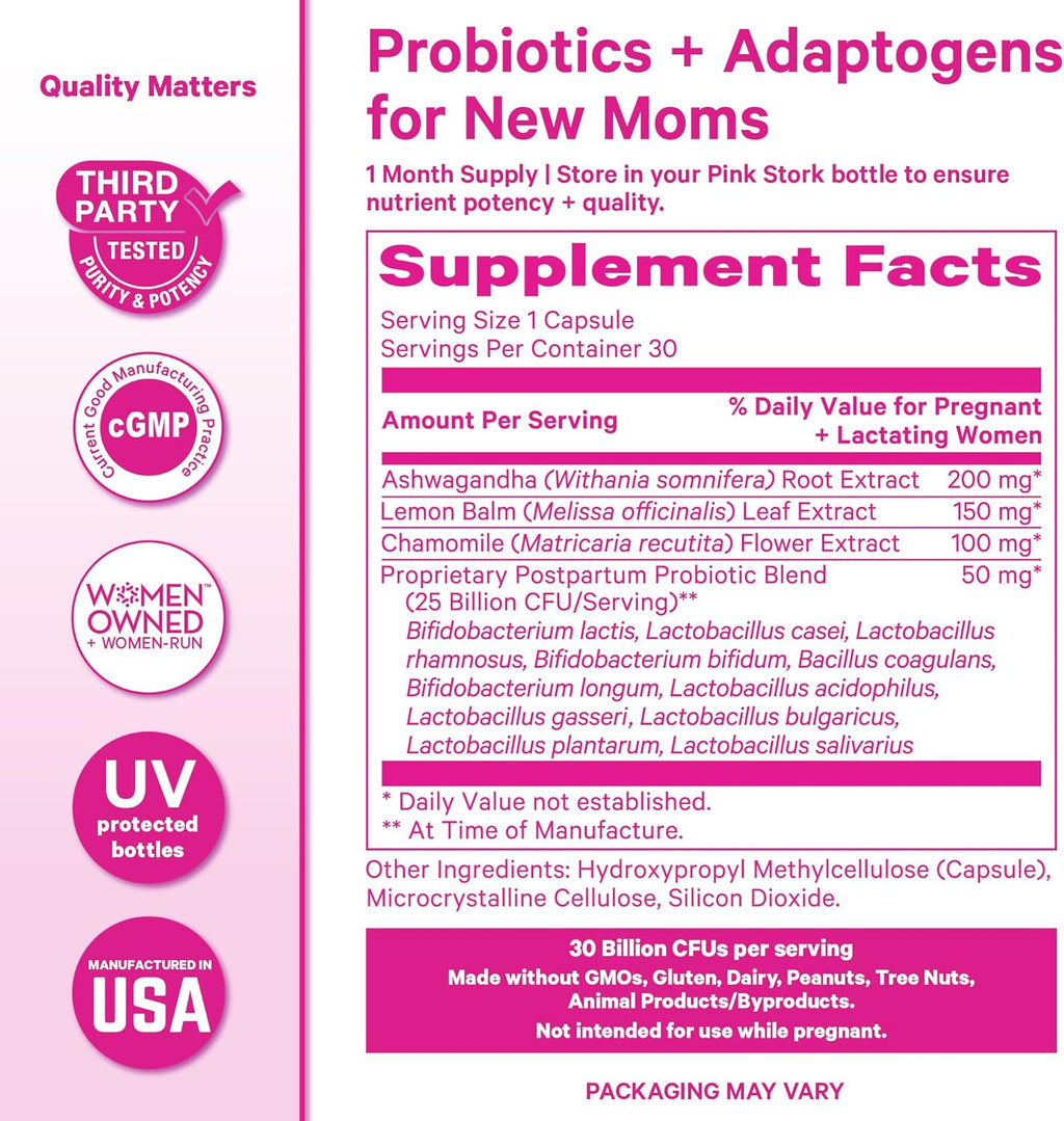 Pink Stork Probióticos Postnatales - 30B UFC con Ashwagandha y Manzanilla, 30 Cápsulas