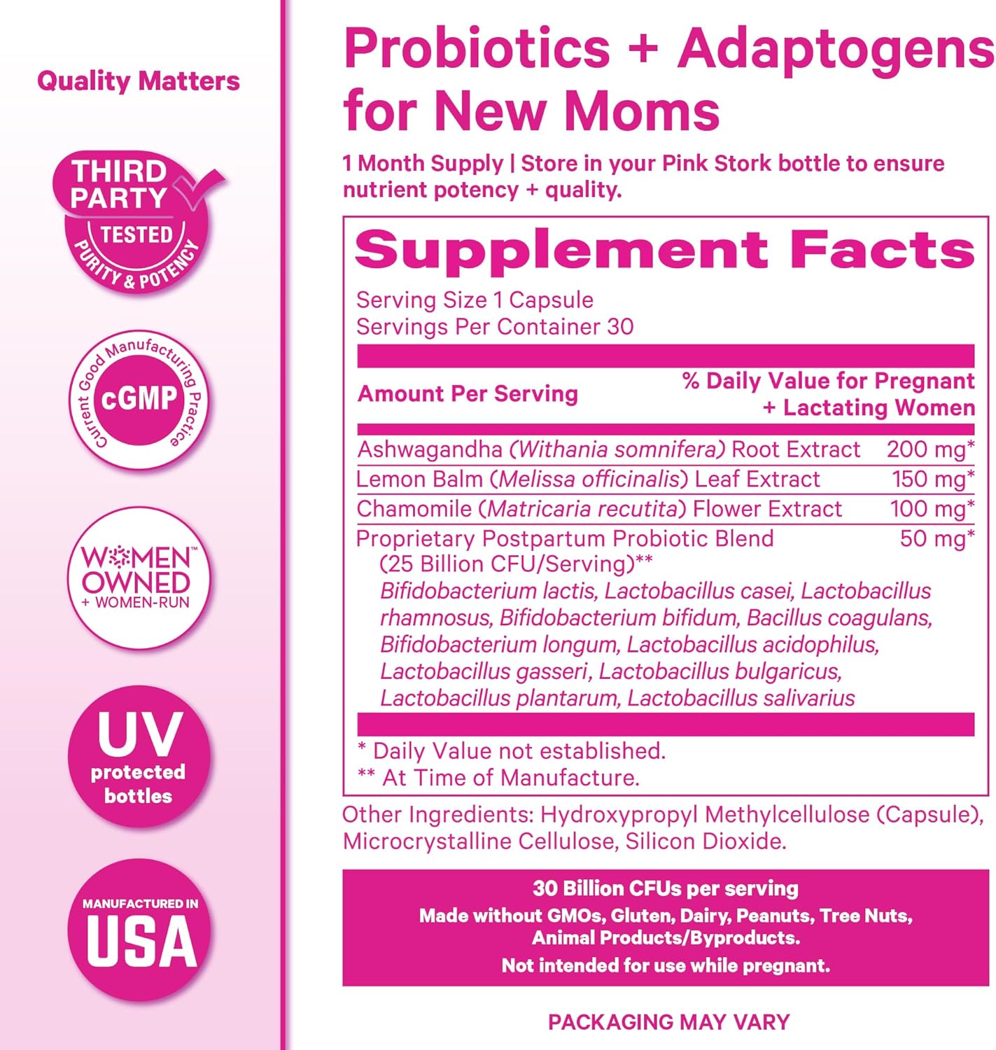 Pink Stork Probióticos Postnatales - 30B UFC con Ashwagandha y Manzanilla, 30 Cápsulas