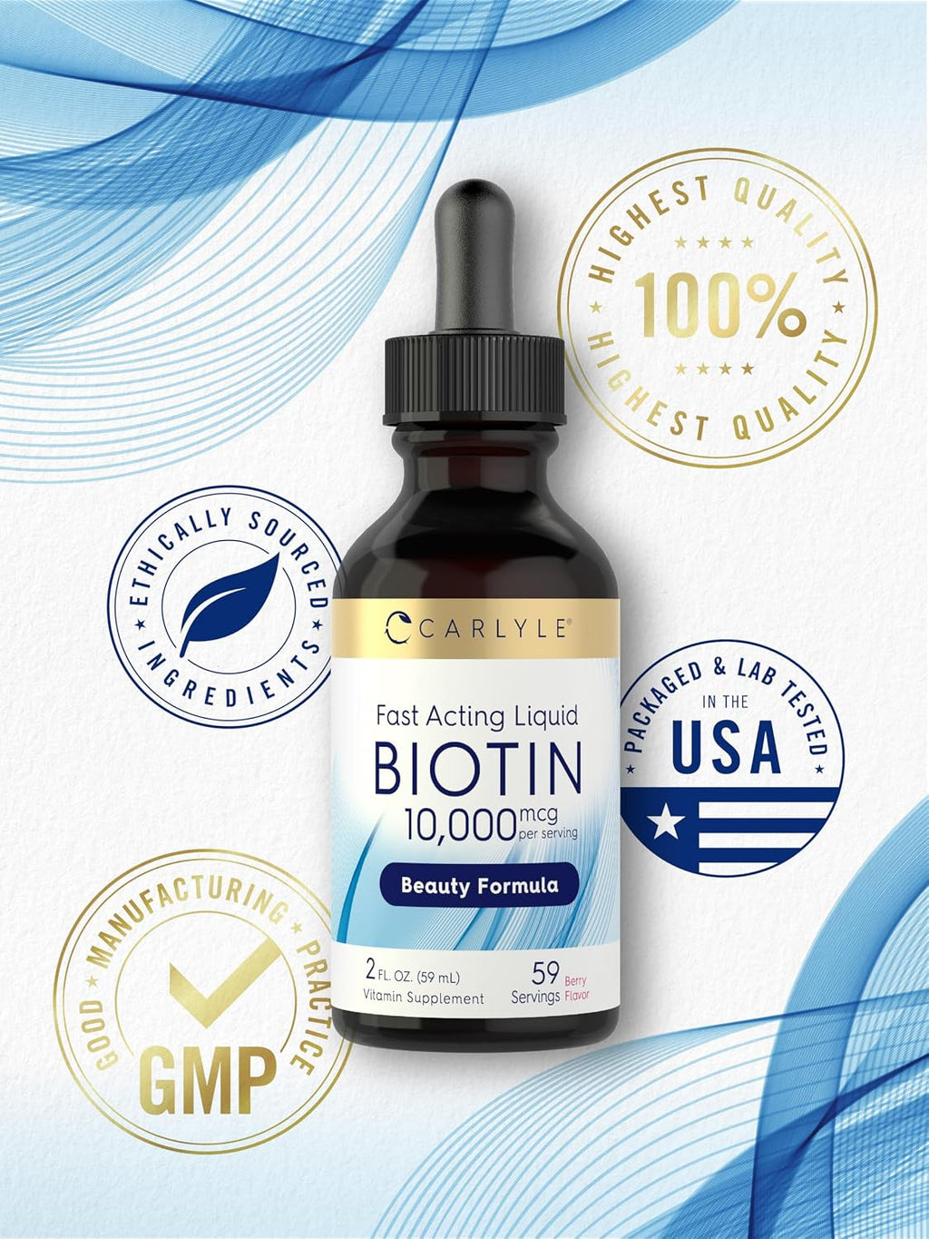 Carlyle Biotina Líquida 10000mcg | 59 ml | Gotas de Alta Concentración | Suplemento Vegetariano, No GMO, Sin Gluten