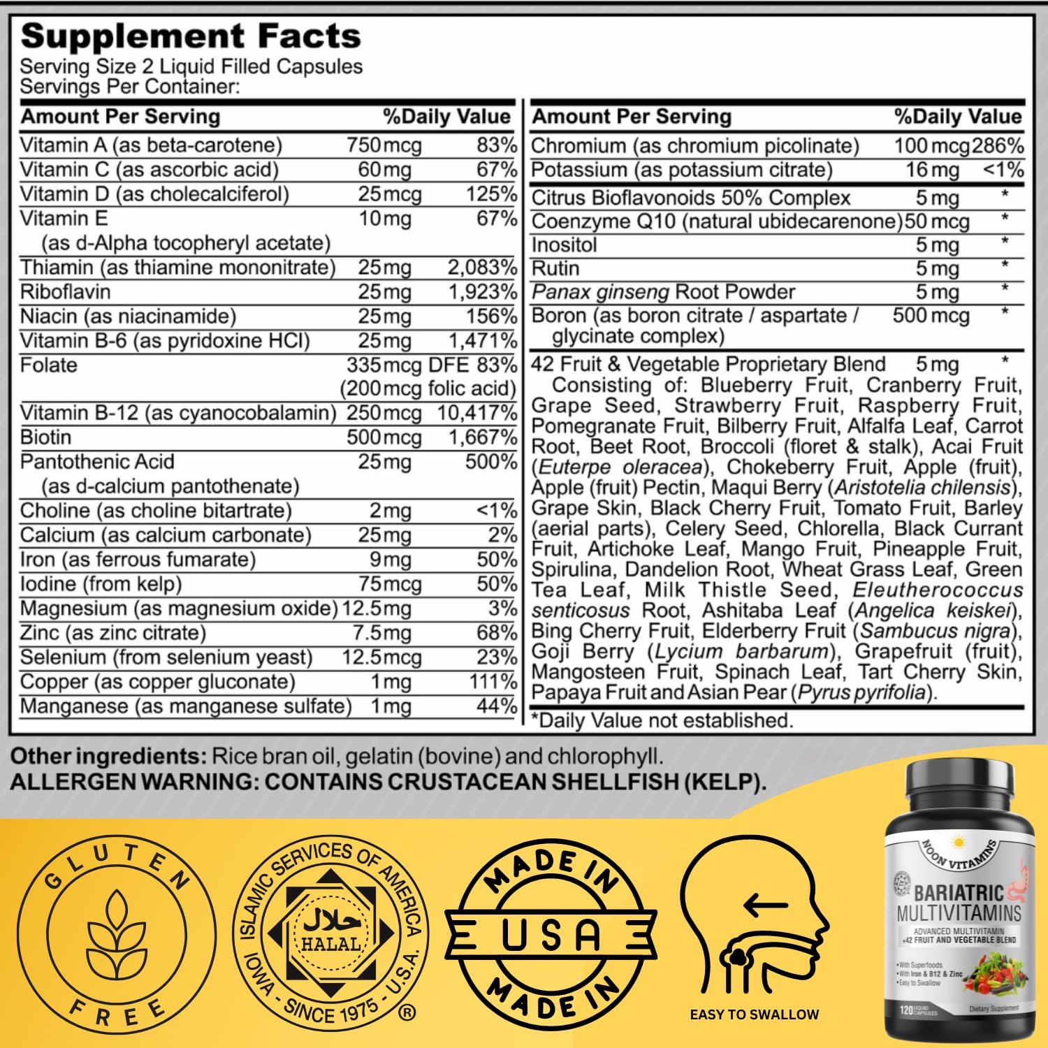 Multivitamínico Bariátrico con Hierro para Mujeres y Hombres - Mezcla de 42 Superfoods para Energía y Apoyo Inmunológico - Recuperación Postoperatoria, Cápsulas Líquidas Fáciles de Tragar, Halal, Hecho en EE.UU. (120 Cápsulas Líquidas)