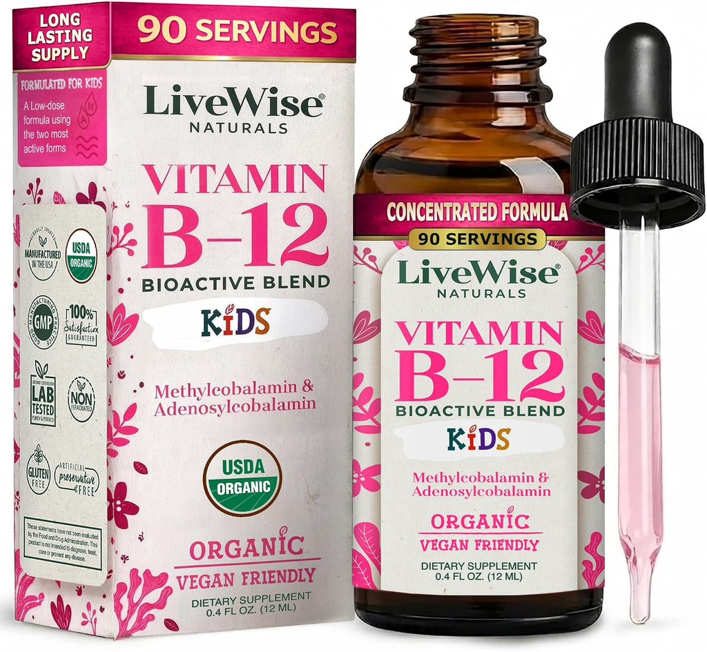 Live Wise Naturals Gotas Líquidas Orgánicas de Vitamina B12 para Niños, 12 ml (0.4 fl oz)