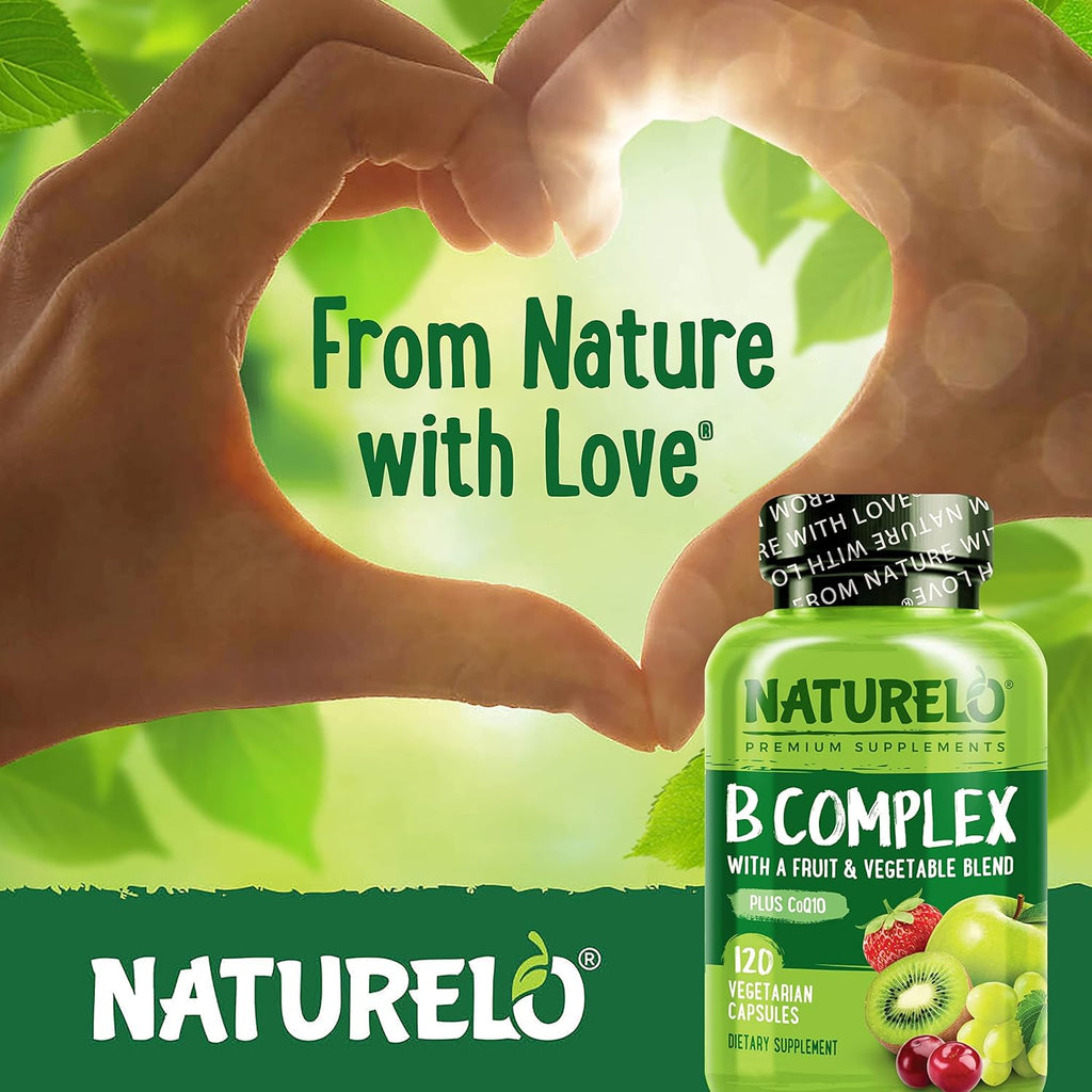 NATURELO Complejo Vitamínico B, 120 Cápsulas, Vegano, Metilado, con CoQ10 y Mezcla de Frutas y Verduras