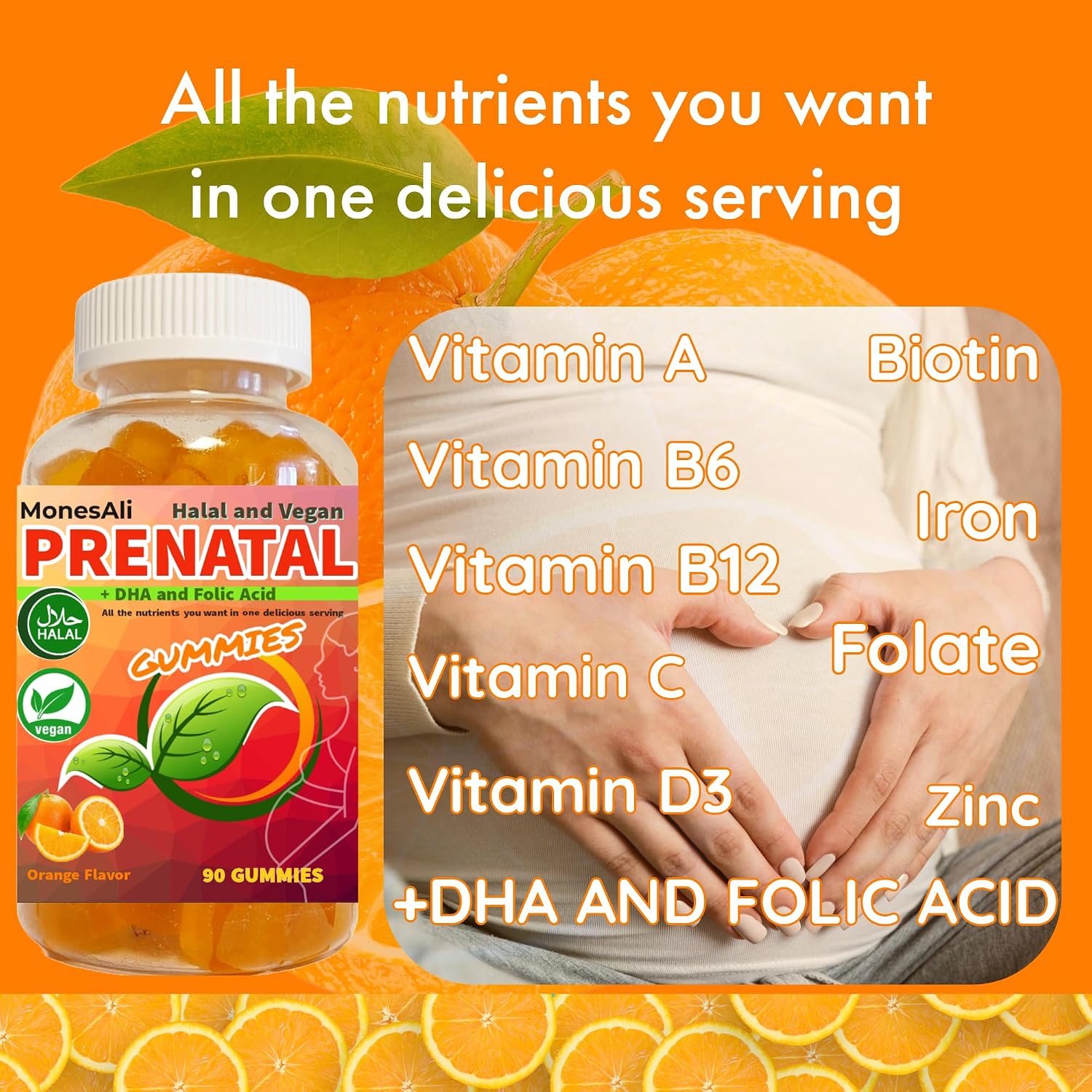 MonesAli Prenatal Gummies - Multivitamínico Prenatal y Postnatal Vegano con Folato, DHA, Hierro y Biotina - 90 Gominolas