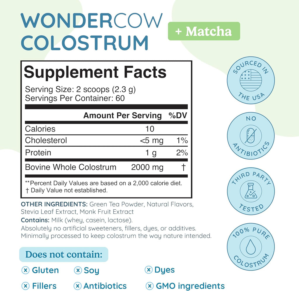 WONDERCOW Calostro en Polvo, Sabor Matcha, 140 g
