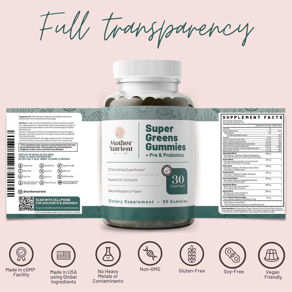 Mother Nutrient Super Greens Gummies - Multivitamínico con 30 Superfoods, Prebióticos y Probióticos (90 Gominolas)