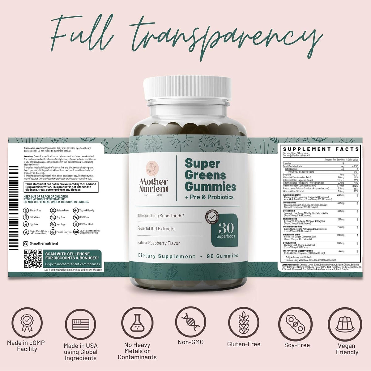 Mother Nutrient Super Greens Gummies - – Espirulina y chlorella: Algas ricas en proteínas, hierro y clorofila, – Image 5