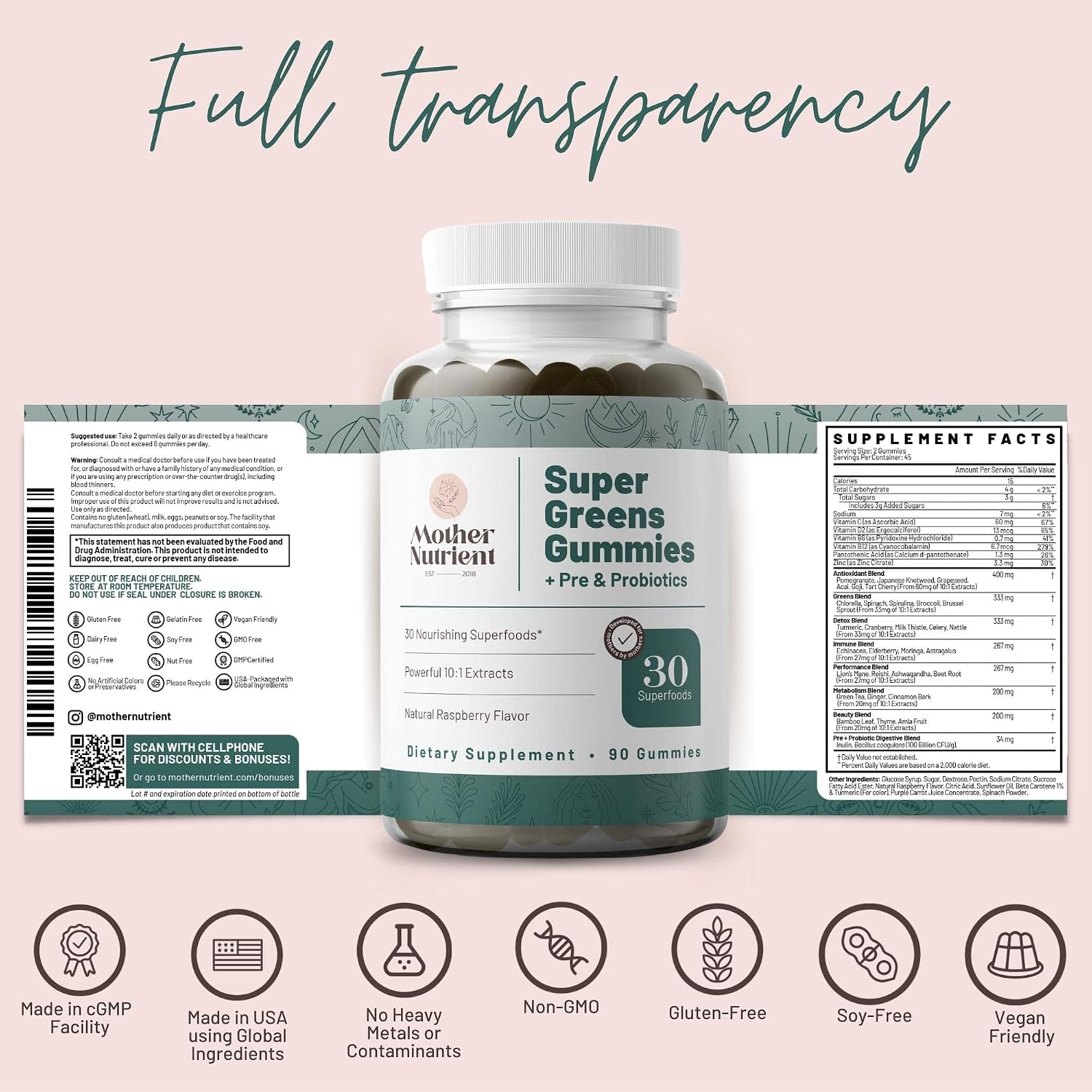 Mother Nutrient Super Greens Gummies - Multivitamínico con 30 Superfoods, Prebióticos y Probióticos (90 Gominolas)