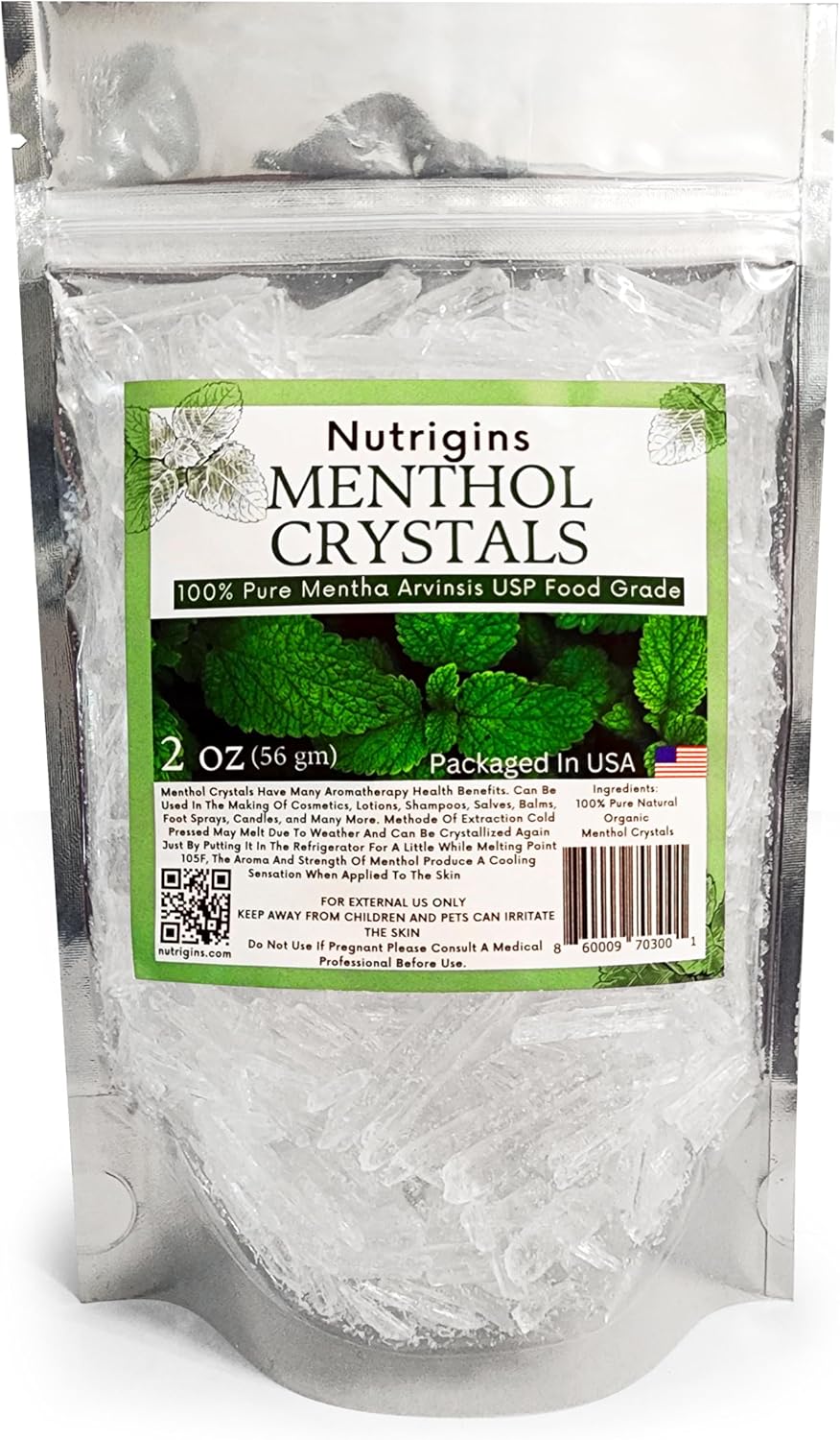 Cristales de Mentol Puro Orgánico 100% Natural - 56g (2 oz) - Nutrigins