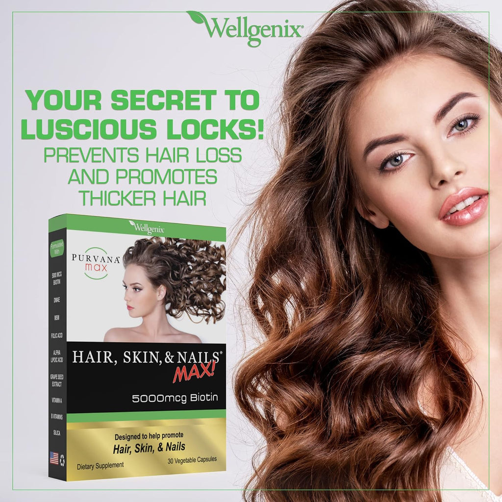 Wellgenix Purvana MAX – Biotina 5000mcg con MSM y Complejo B – Contribuye al Mantenimiento del Cabello, Piel y Uñas – 60 Cápsulas Veganas (Pack de 2)