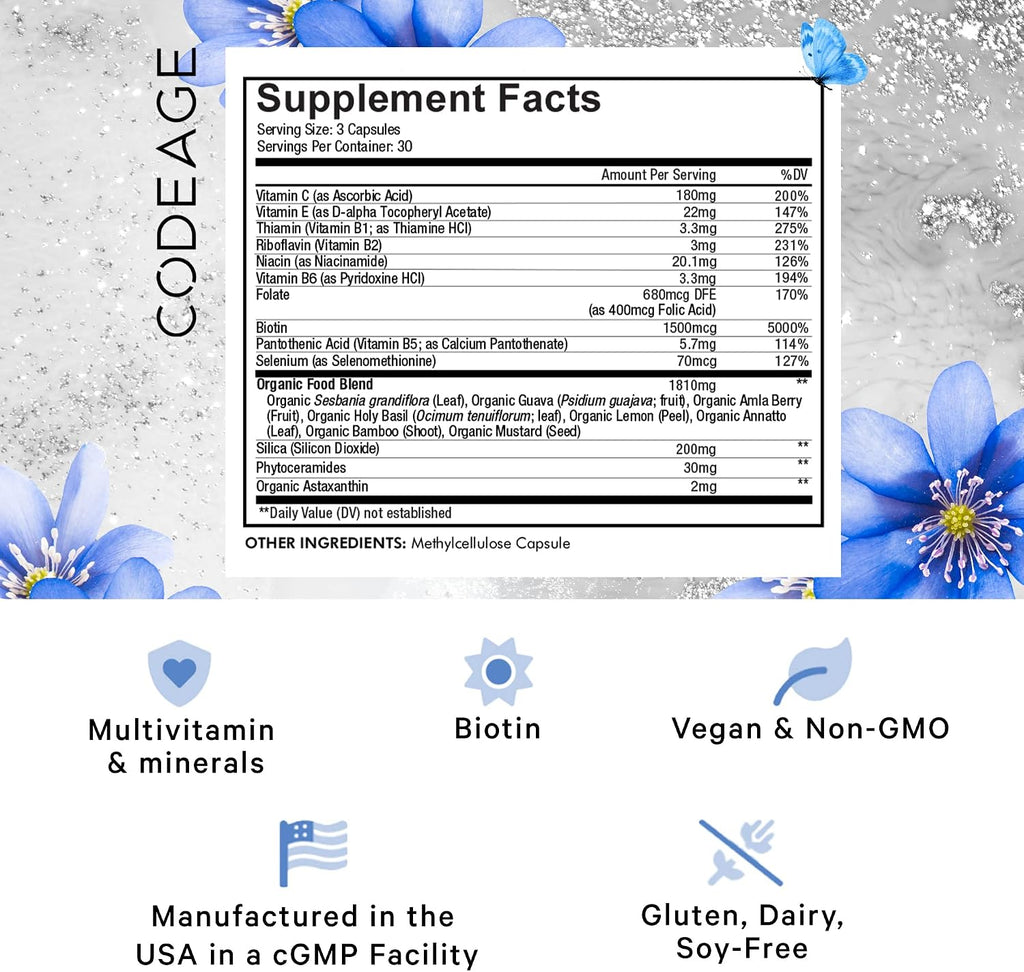 Codeage Beauty Tonic - Suplemento de Biotina 1500 mcg con Vitaminas y Alimentos Orgánicos - 90 Cápsulas Veganas