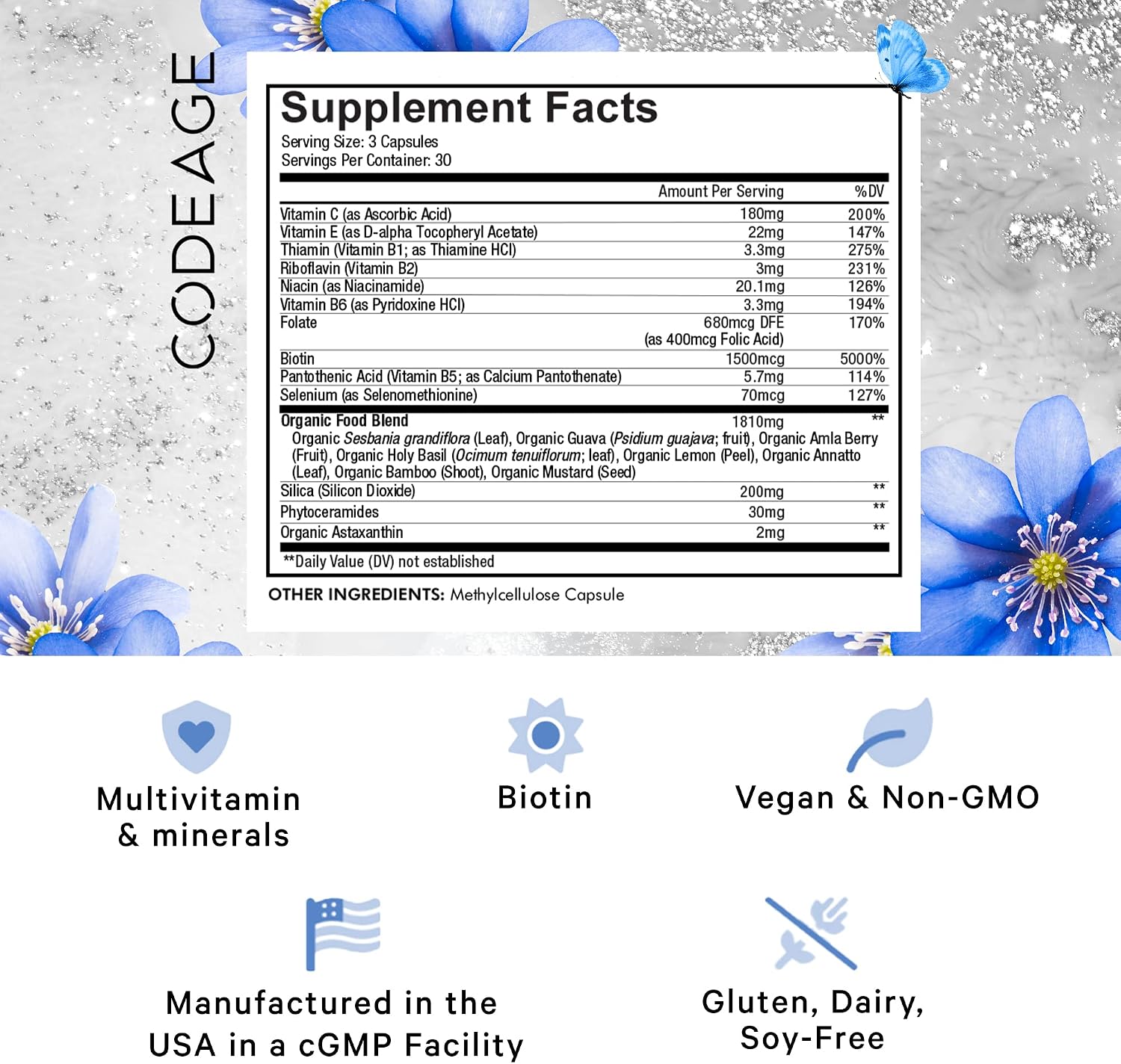 Codeage Beauty Tonic - Suplemento de Biotina 1500 mcg con Vitaminas y Alimentos Orgánicos - 90 Cápsulas Veganas