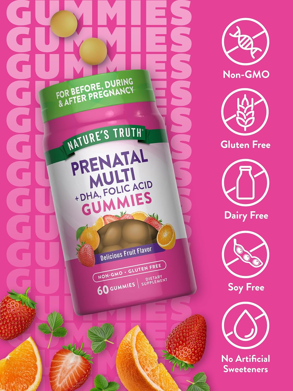 Nature's Truth Prenatal Multivitamin Gummies | con DHA y Ácido Fólico | 60 gomitas | Sabor a fruta | Sin gluten y Non-GMO