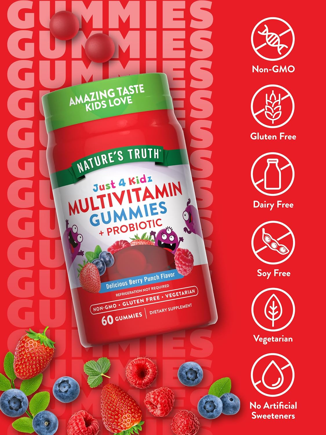Nature's Truth Kids Multivitamin Gummies with Probiotics | 60 Gomitas | Sabor Berry Punch | Suplemento Vegetariano, No GMO y Sin Gluten