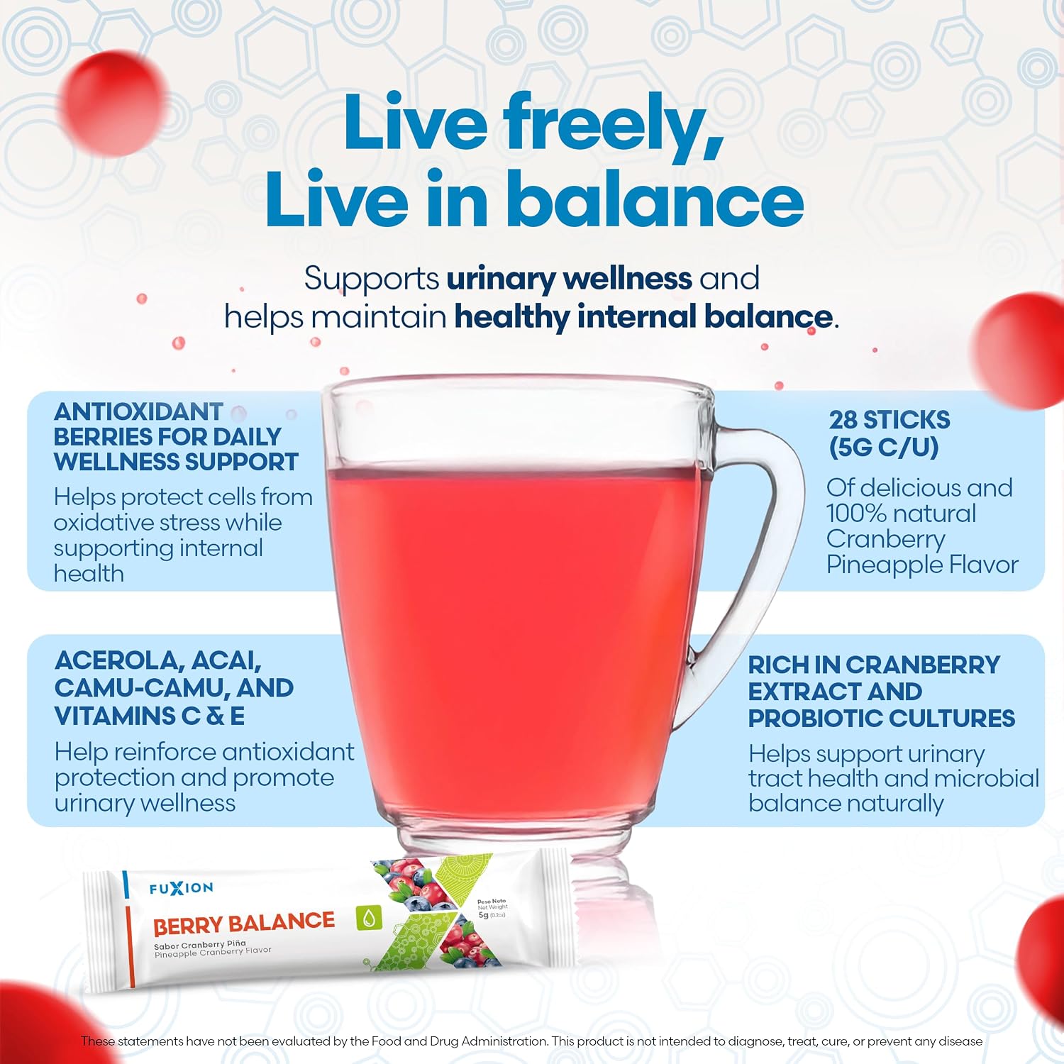 FuXion Berry Balance | Bebida Funcional para el Tracto Urinario | Probióticos y Antioxidantes | Sabor a Bayas Mixtas | 28 Sticks