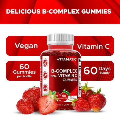 Vitamatic Gomitas de Complejo B con Vitamina C e Inositol - Sabor Natural Fresa - 60 Gomitas (3 Botellas) – Image 4