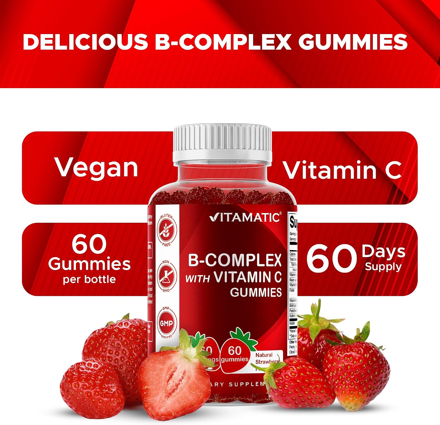 Vitamatic Complejo B Gummies con Vitamina C e Inositol - Sabor Fresa Natural - 60 Gominolas (2 Frascos)