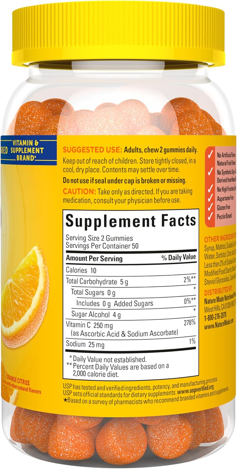 Nature Made Zero Sugar Vitamin C Gominolas 250 mg por dosis, Apoyo Inmunitario y Antioxidante, Sin Aspartamo, 100 Gominolas Sin Azúcar, 50 Días