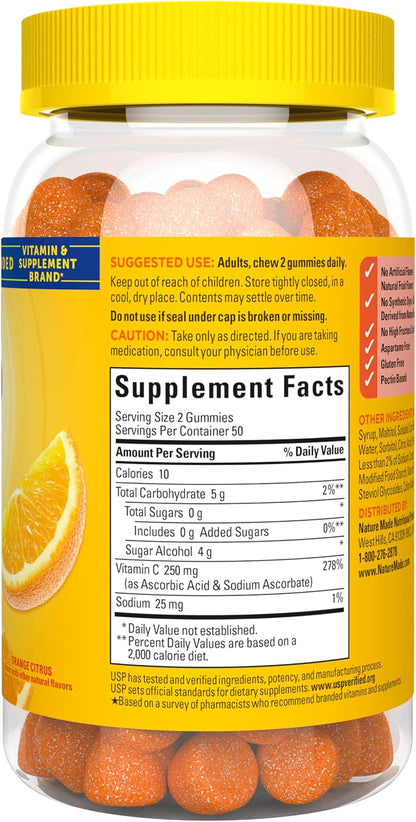 Nature Made Zero Sugar Vitamin C Gominolas 250 mg por dosis, Apoyo Inmunitario y Antioxidante, Sin Aspartamo, 100 Gominolas – Image 9