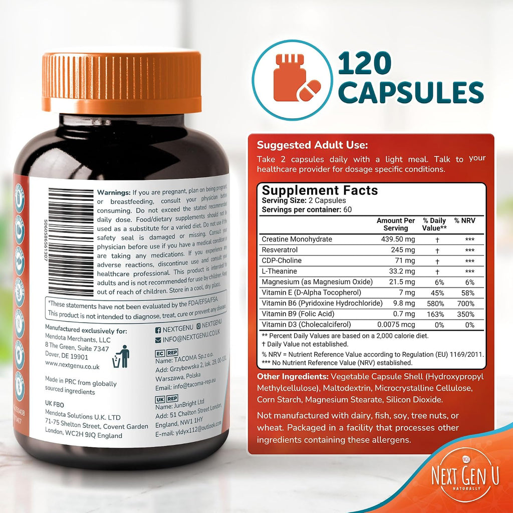 NextGenU Suplemento Cerebral - 120 Cápsulas Veganas - Nootrópico con Aminoácidos, Polifenoles y Vitaminas B