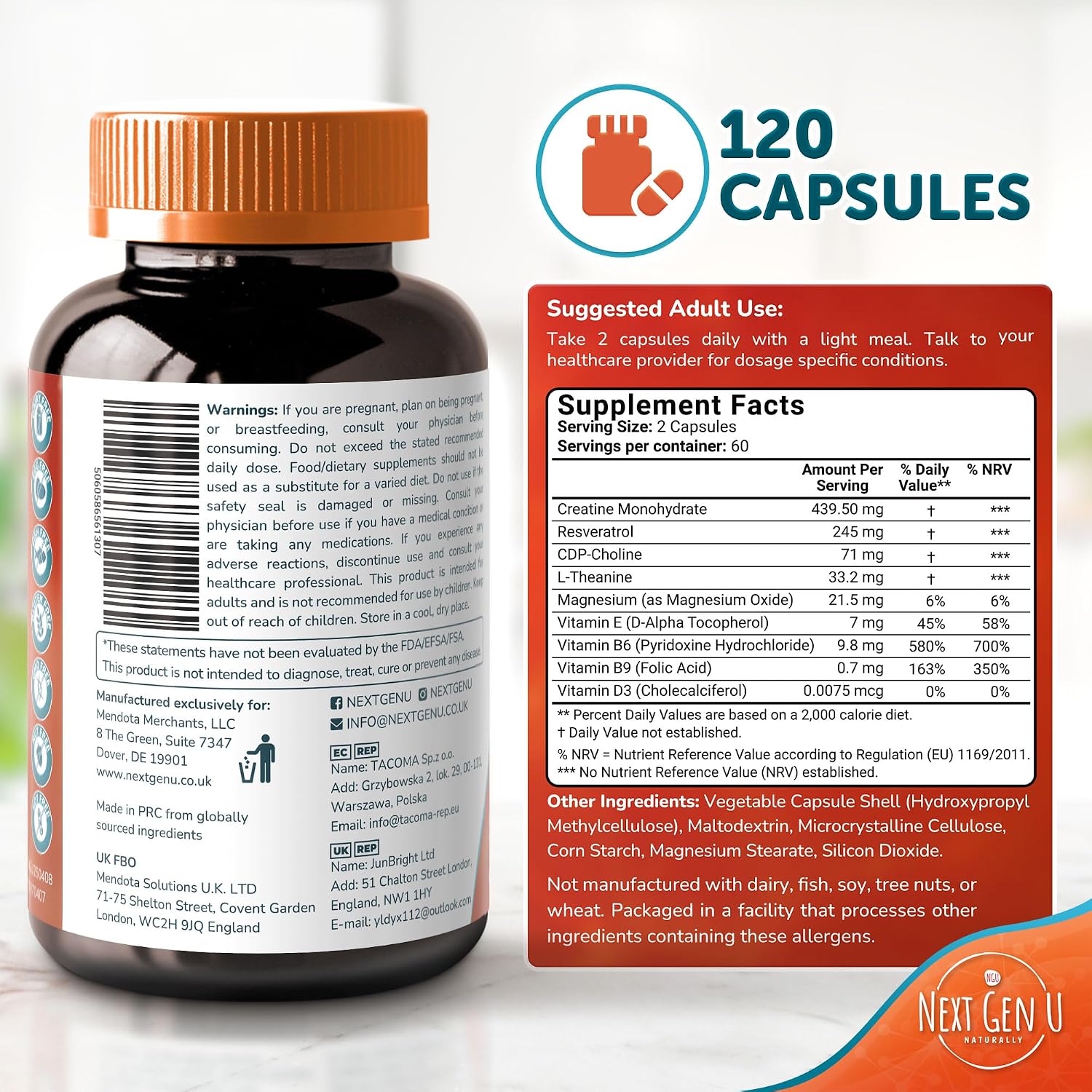 NextGenU Suplemento Cerebral - 120 Cápsulas Veganas - Nootrópico con Aminoácidos, Polifenoles y Vitaminas B