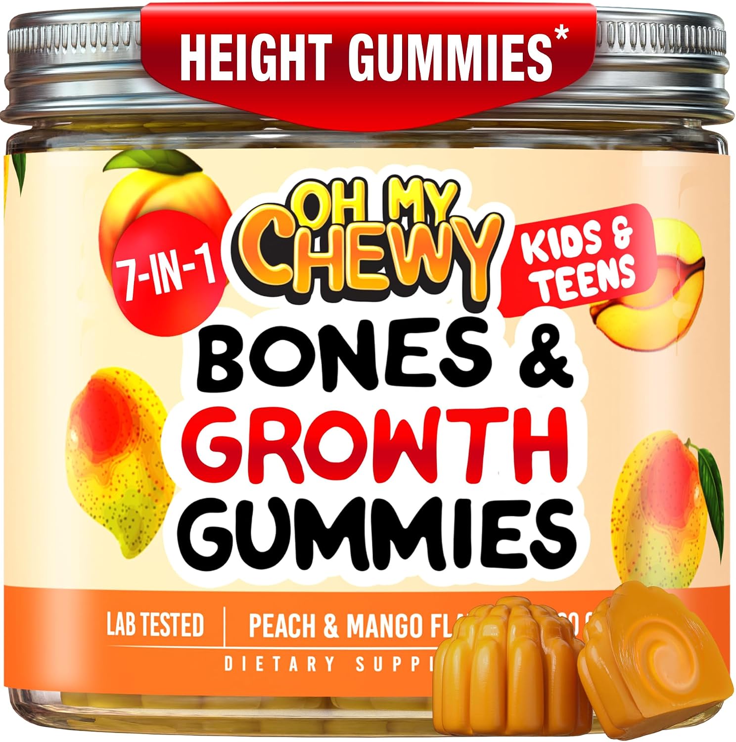 OH MY CHEWY Gomitas de Crecimiento para Niños y Adolescentes - Suplemento con Calcio, Zinc, Vitamina D3, K2, Espirulina y Astrágalo - Sabor Melocotón y Mango 60 Unidades